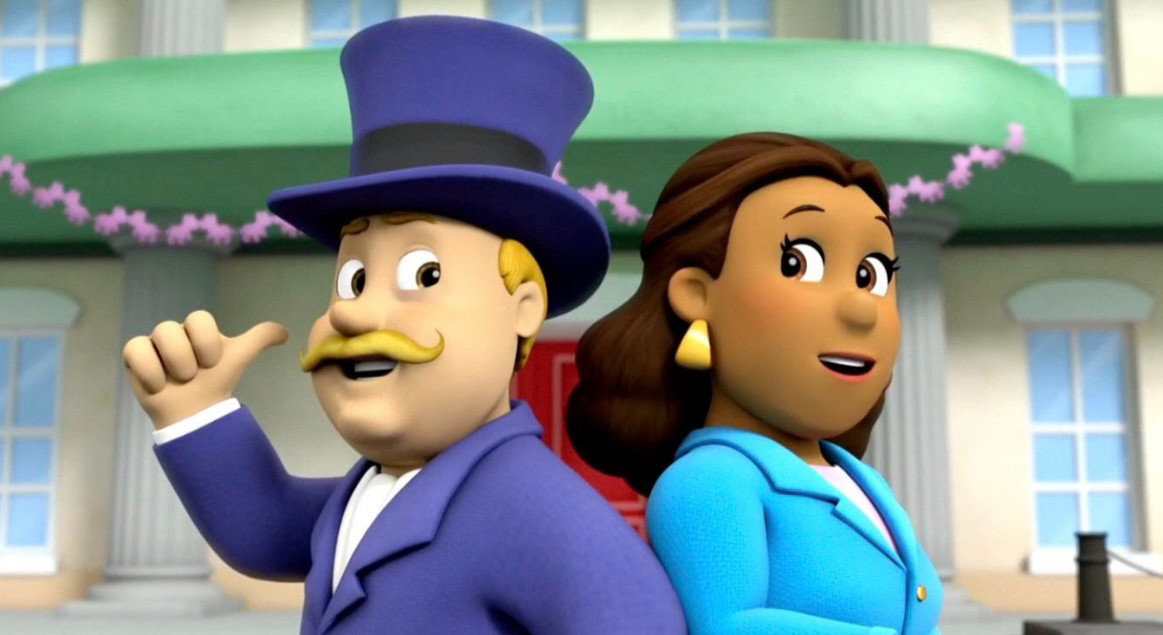 Still from animated children's series Paw Patrol showing characters Mayor Humdinger and Mayor Goodway standing back to back in front a  building.