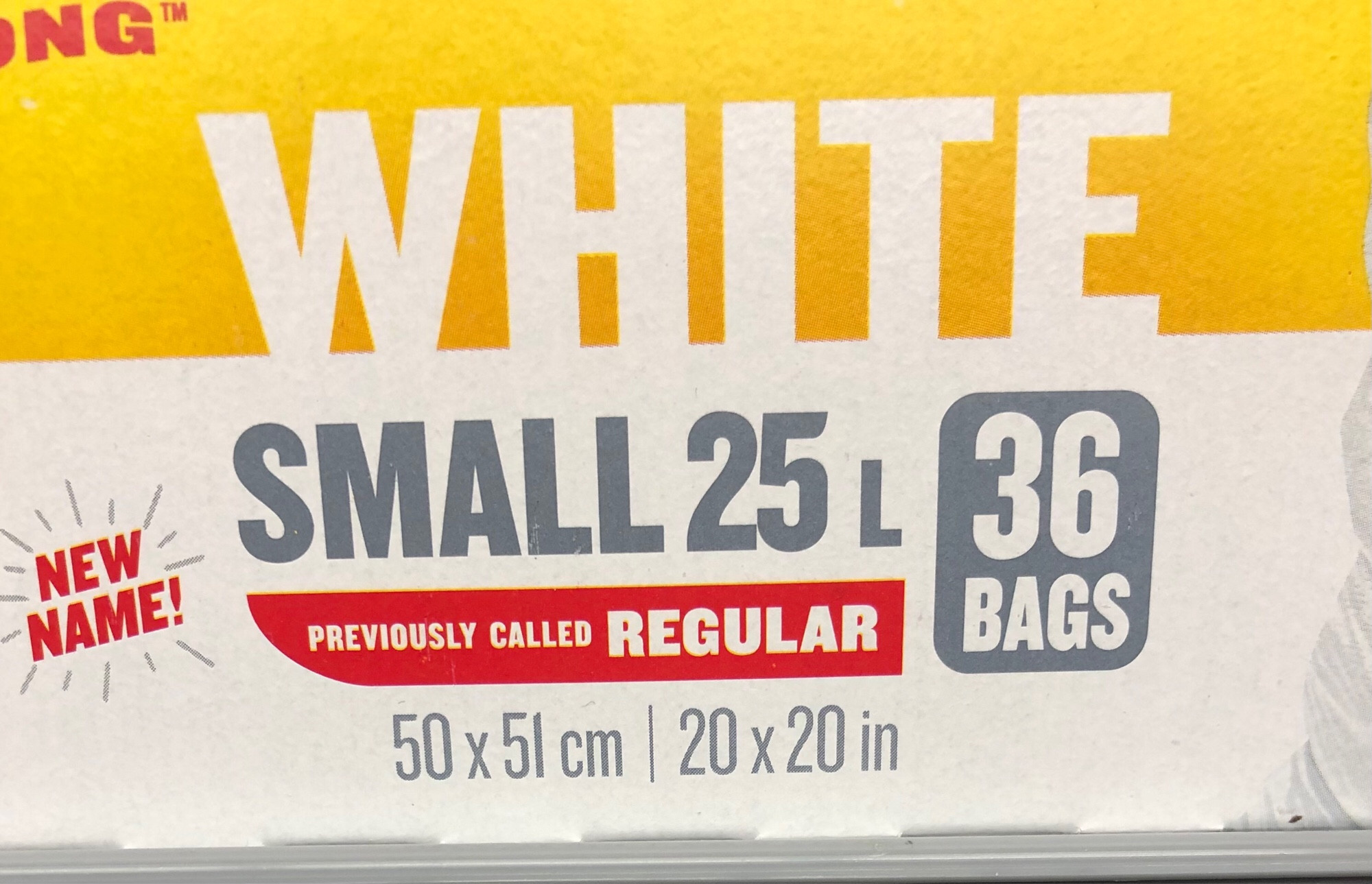 Small garbage bag label whose text reads NEW NAME previously called regular