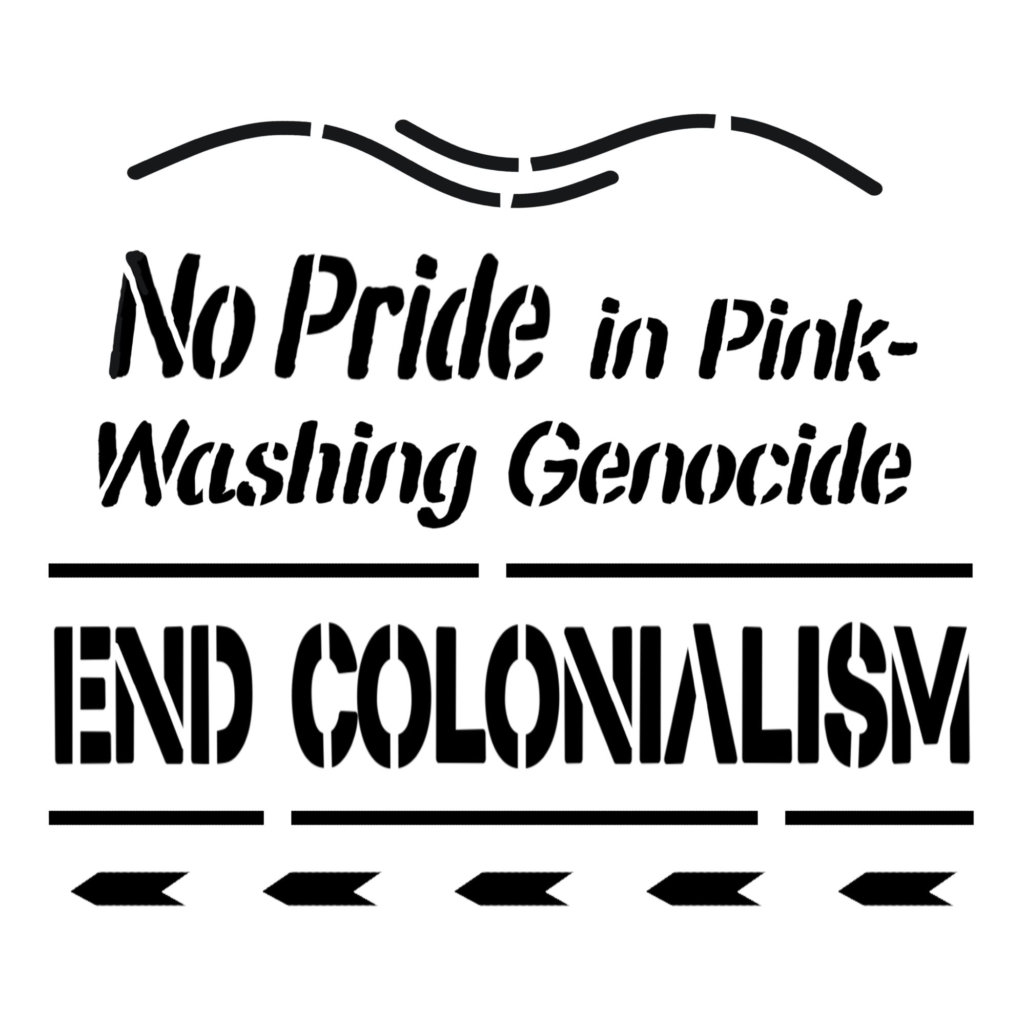 No Pride in Pinkwashing Genocide, End Colonialism と書かれたロゴ。波のような図形と、右から左に流れる矢印のような図形がデザインされている。