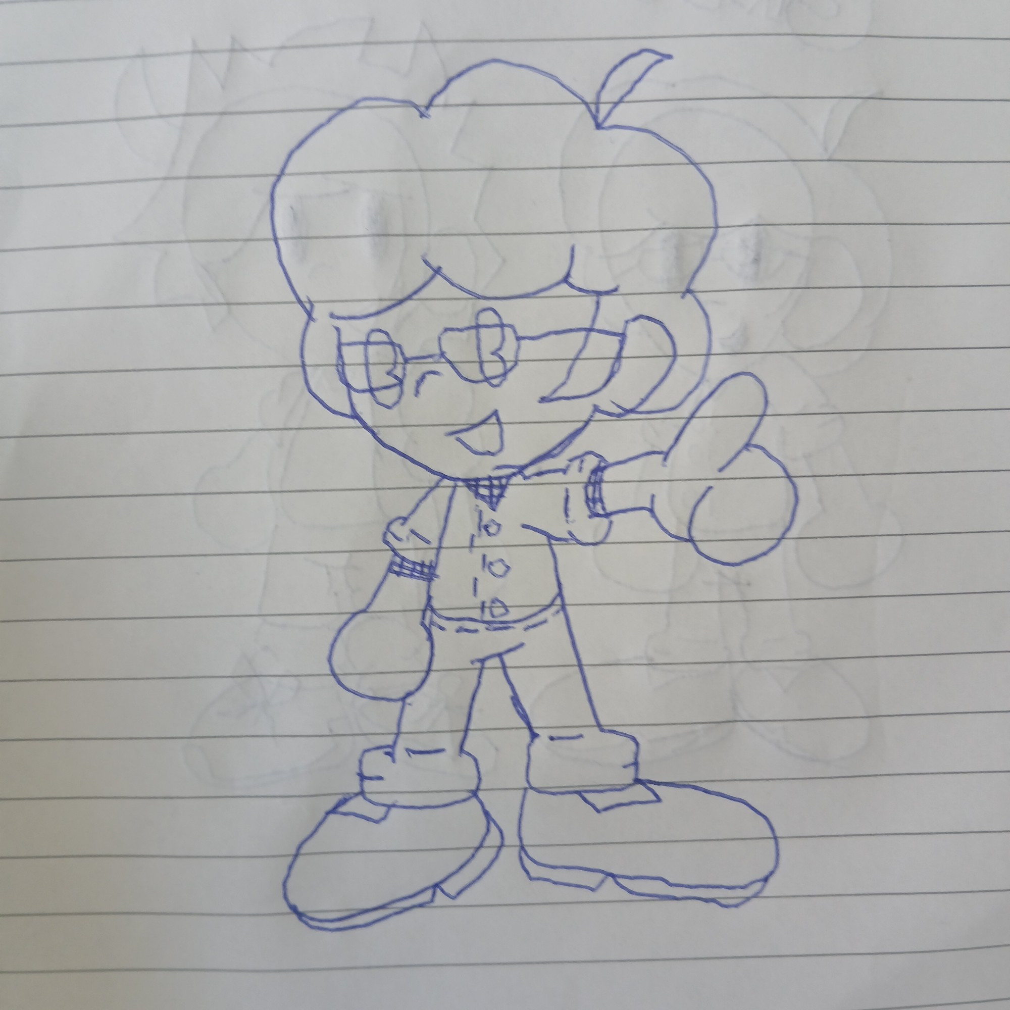 A new character I've designed giving a thumbs up. He wears glasses, has dark puffy hair, uses a white-ish blurple overshirt, with a plaid shirt under, and uses black dress shoes. Yet to be sure of his name but Im thinkin' of Case.