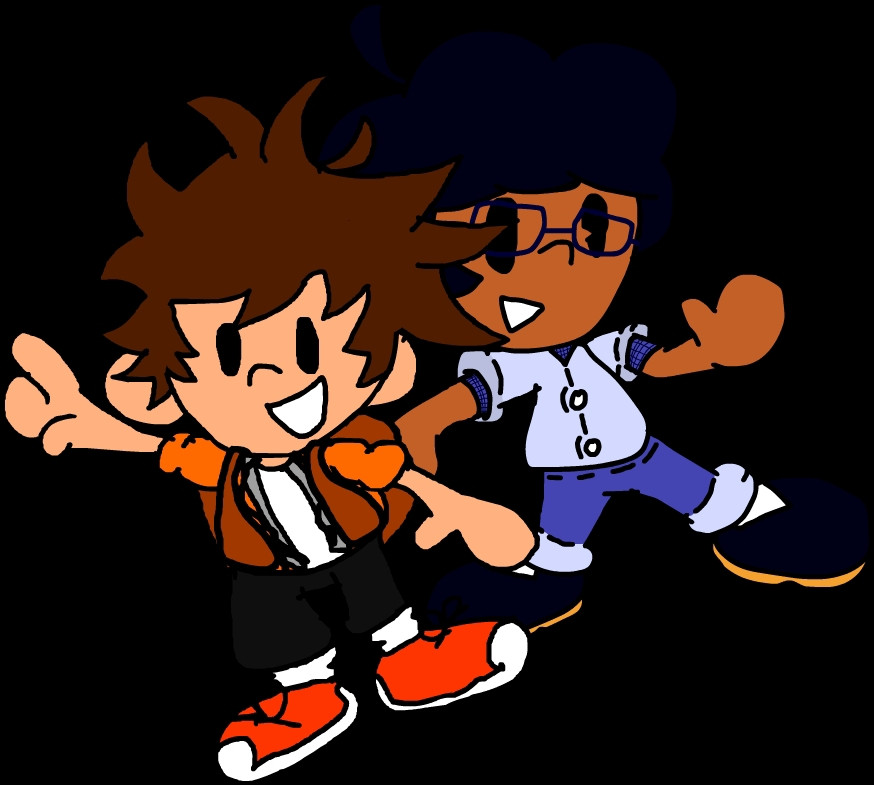 Mikey and Case posing. Mikey is the boy with brunette hair, the orange puffy jacket and black rolled up pants. Case is the Boy with Dark hair, Glasses, a Whiteish Blurple Overshirt, a Plaid Tee, and Jeans Pants.