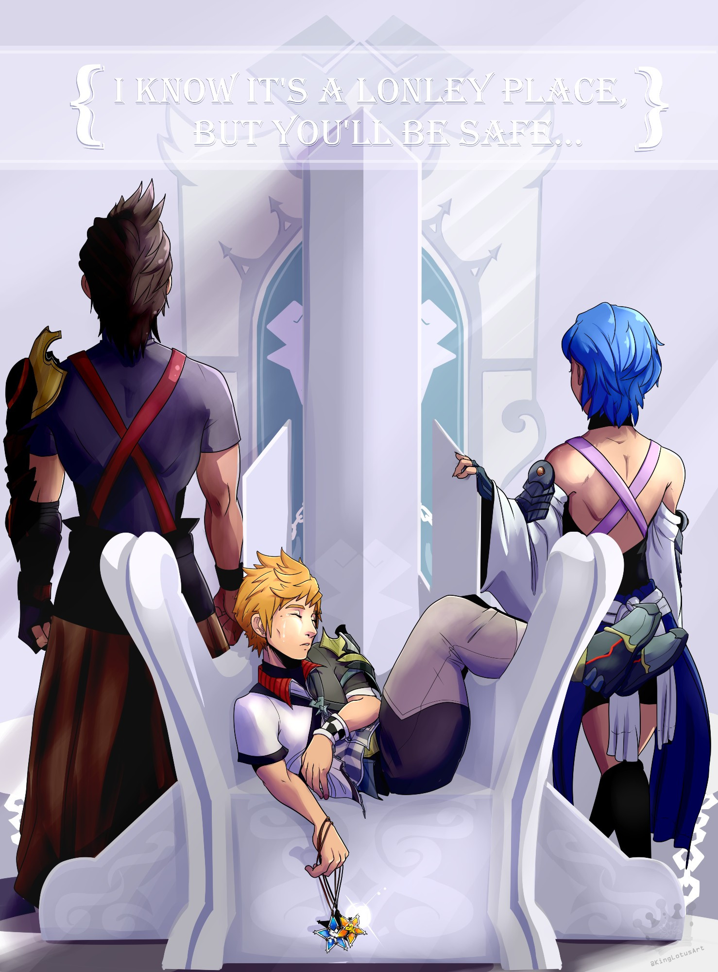 Ventus is asleep on a throne while Aqua and Terra stand with their backs to him. Text above reads: "I know it's a lonely place, but you'll be safe..."