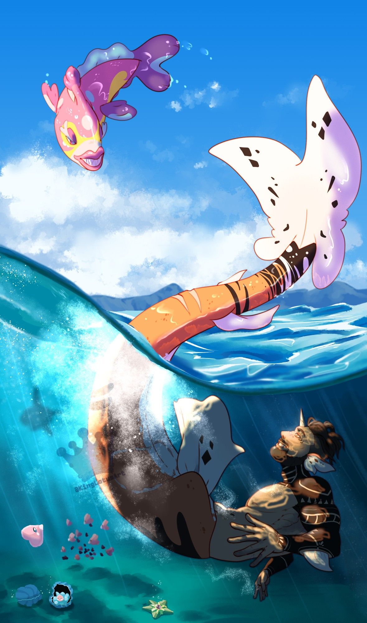 Drawn image: A merman diving into a water scene, while a colorful fish Pokemon leaps out of the water opposite of him. Deep in the water below a plethora of sea life.