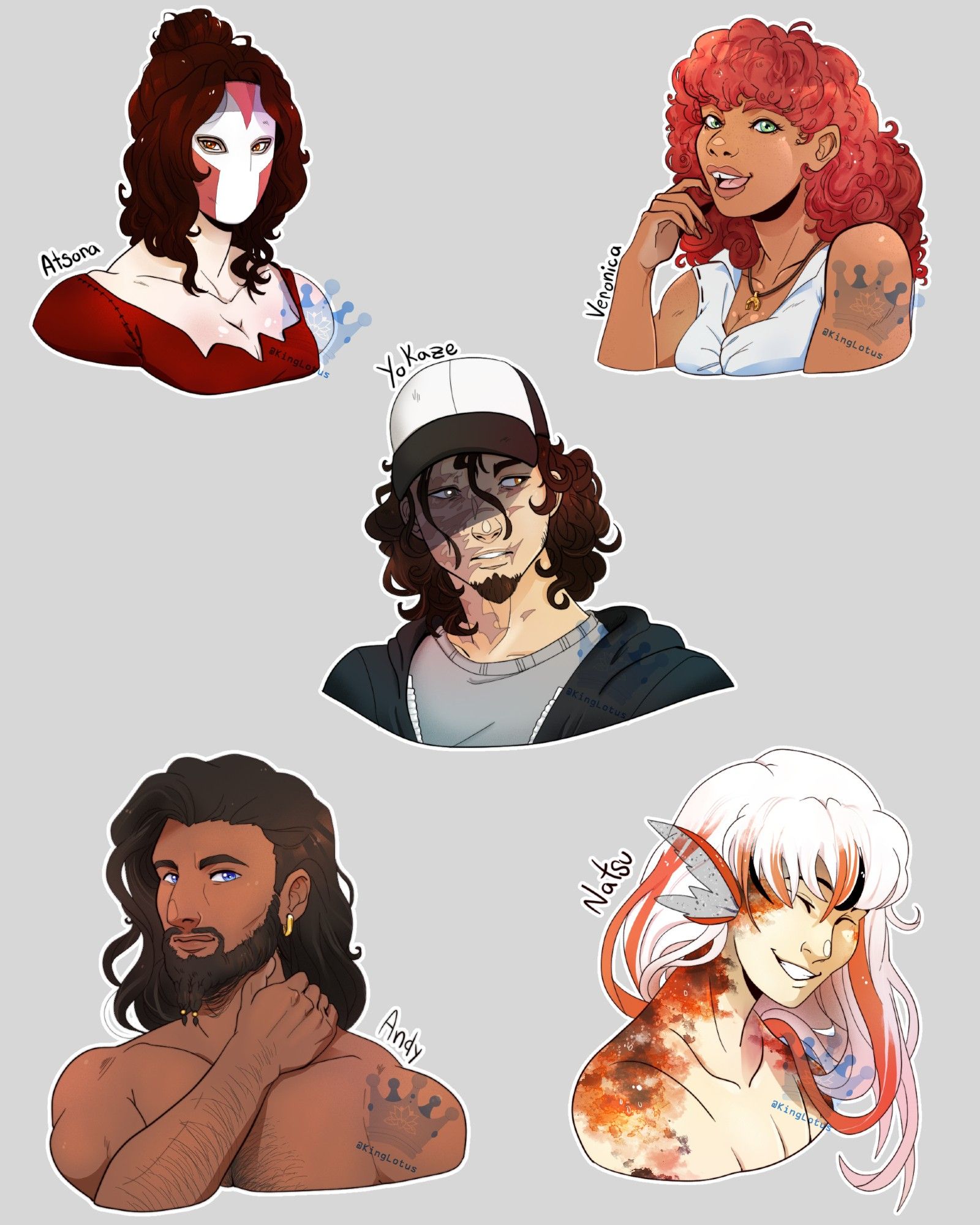 Five separate drawn headshots of different characters. Top, Left: Female with a mask on, Right: Curly haired female. 

Center: Male with a baseball cap on and facial scars. 

Bottom Left: Shirtless male very muscular. Bottom Right: A merman.