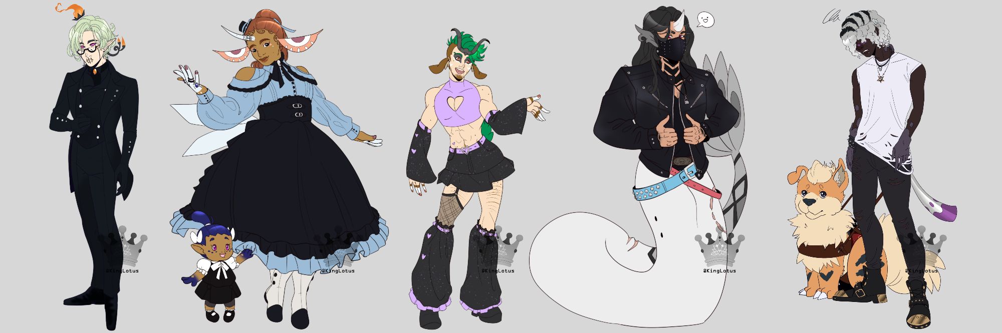 Set of 6 characters, left to right: male chandelure gijinka in a full gothic suit, curvy female masquerain gijinka in a lolita dress with a small gothtia toddler next to her, a fit gogoat man in pastel goth outfit, a merman milotic in leather jacket, a varoom gijinka man with a growlithe service dog.