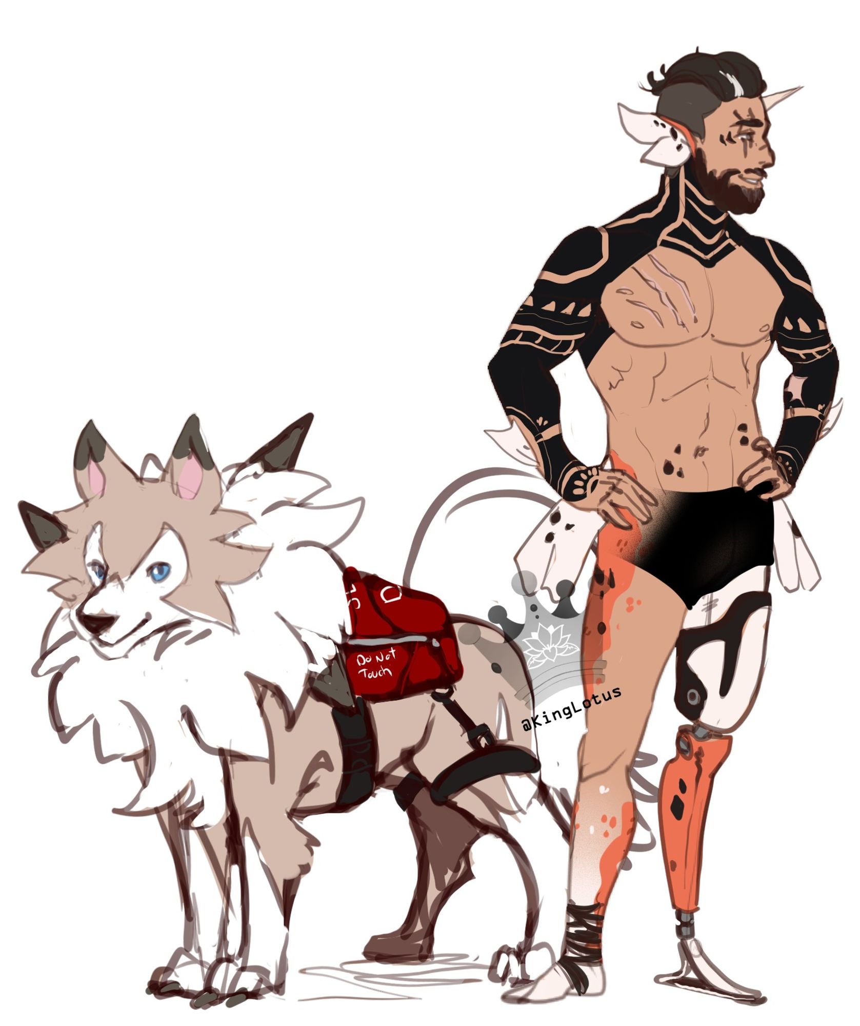 Digital art: A Lycanroc (wolf creature) stands with a red backpack next to a muscular man. He's in black shorts with a prosthetic left leg. He has nearly all black out tattoos on his arms, shoulders and neck. Finned fish white ears, and white fish fins on his hips. Black beard and a short black hair cut. A sharp horn protrudes from his forehead. Scars on his right eyes and chest. Orange scales on his hips and calf.