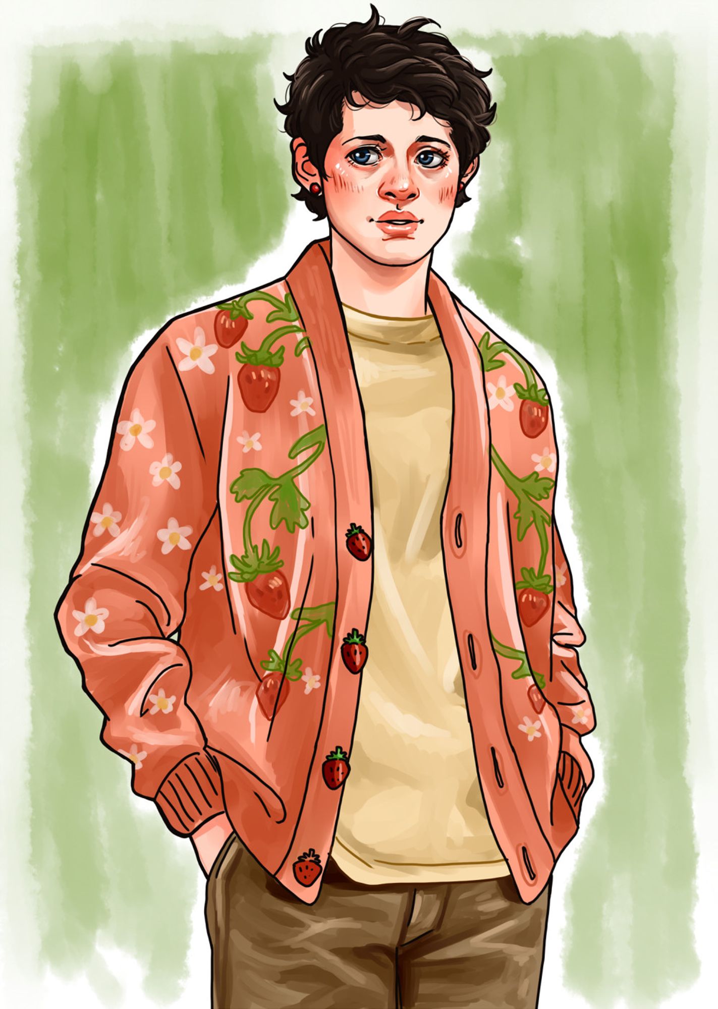 An illustration of a young looking Castiel wearing a sweater with a strawberry motif.