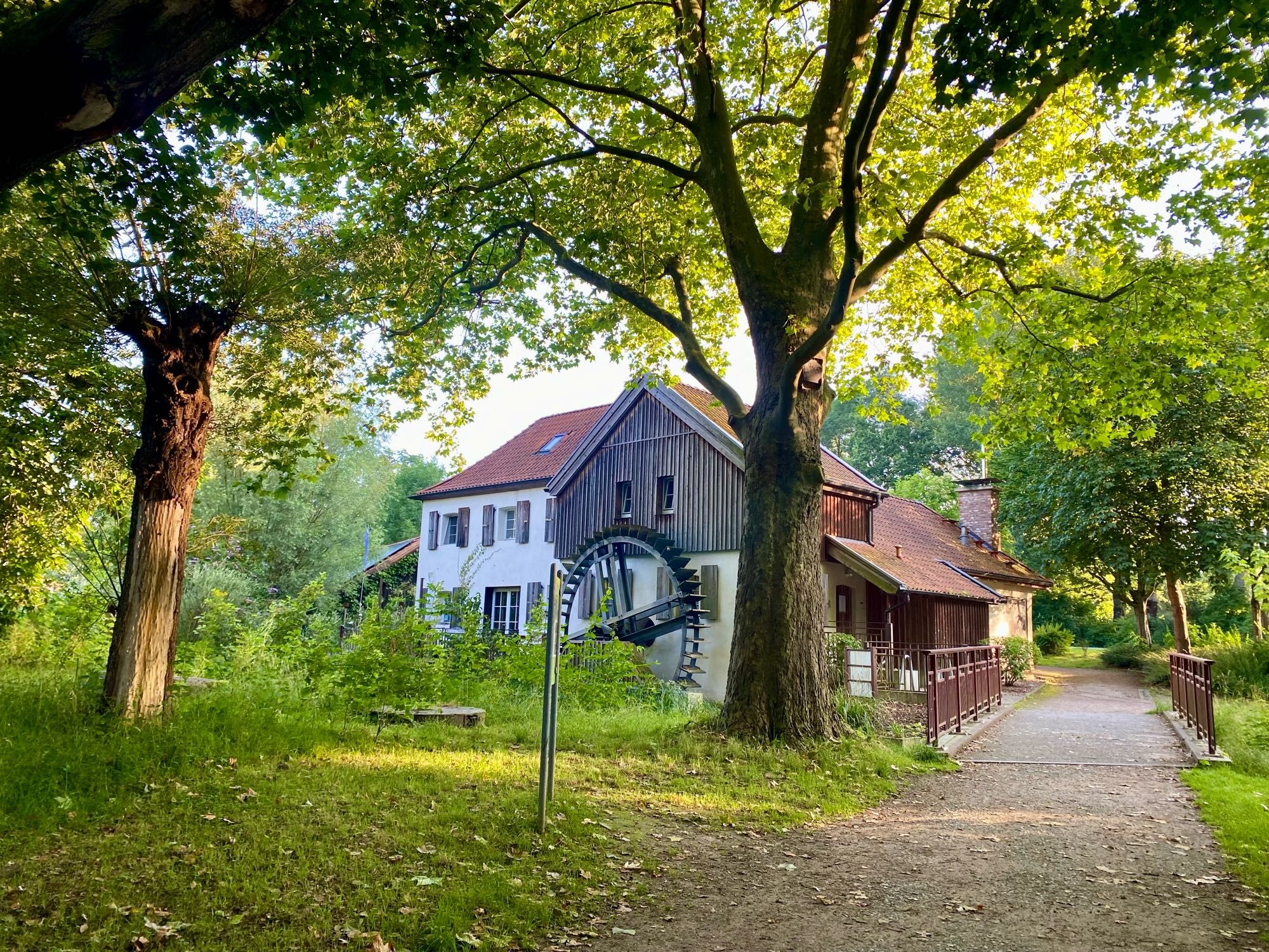 Mühle im Wald mit Fahrradweg und kleiner Brücke.