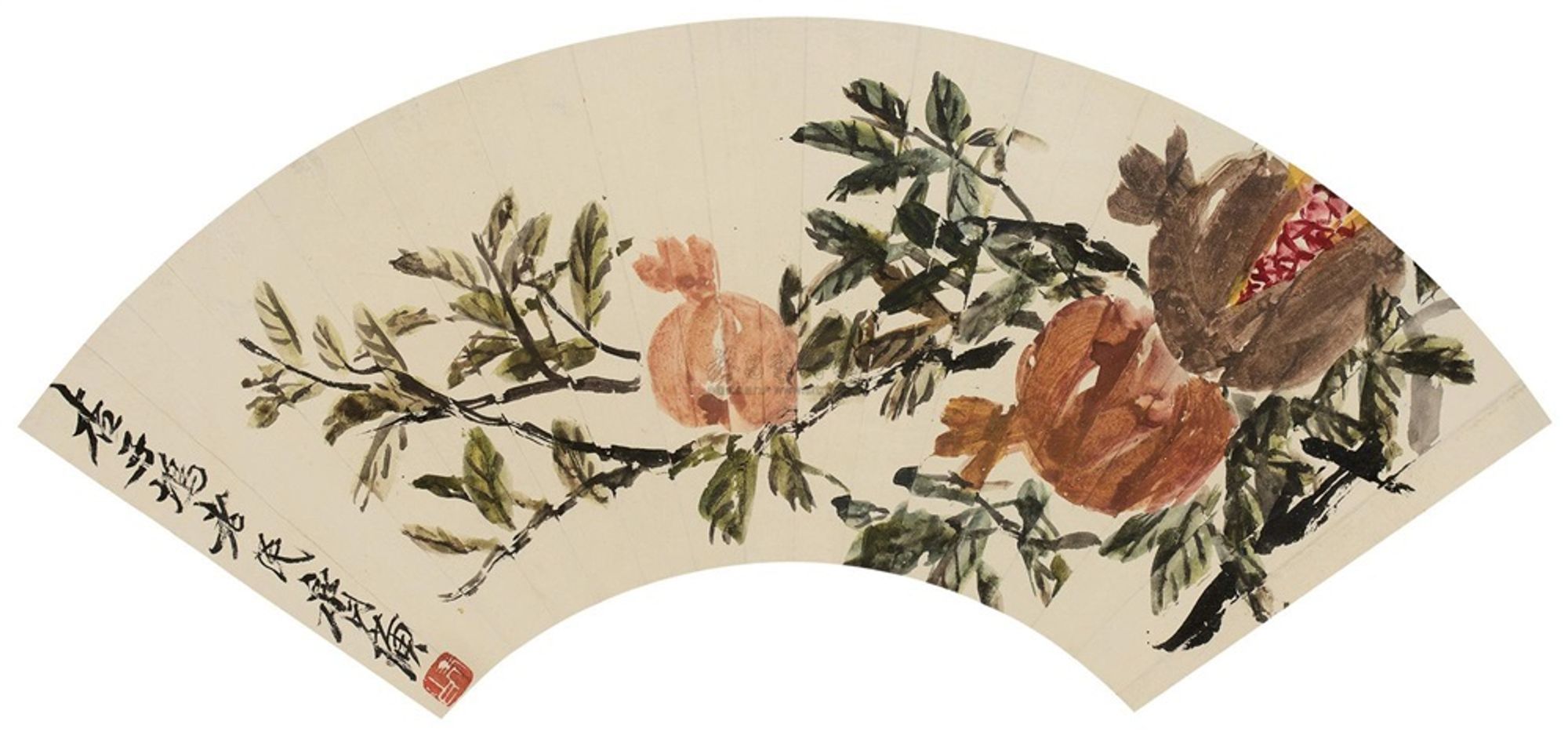 A painting on a fan, by the 20th century Chinese artist Qi Baishi, depicting a branch of pomegranates with three fruits.