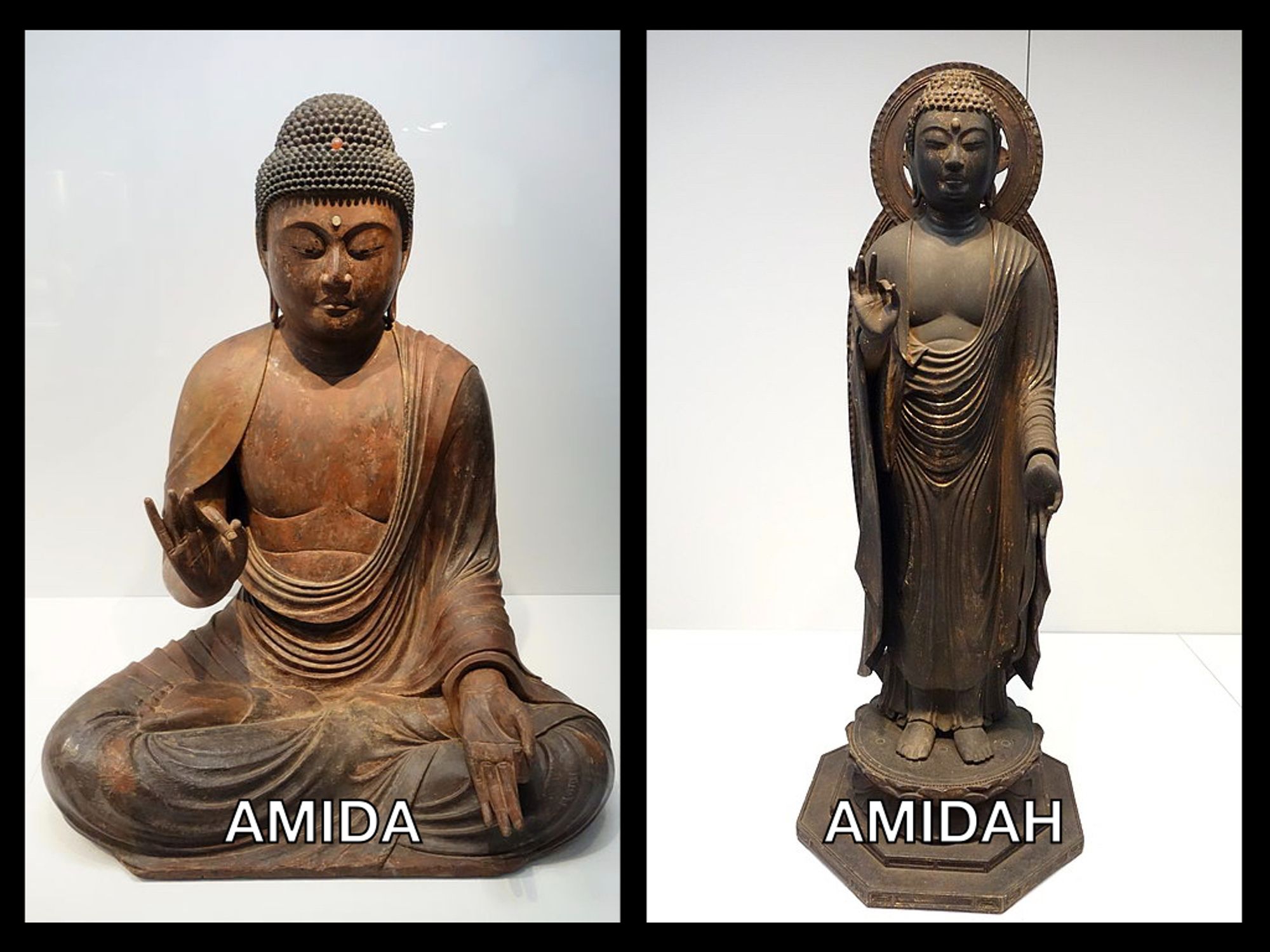 View of two carved wooden Buddha figures from premodern Japan. The left, seated Buddha is labeled "Amida," which is the Japanese name for Amitabha Buddha. The right, standing Buddha is labeled "Amidah," which is biblical Hebrew for "standing," and it is also the name of a prayer which is repeated a number of times during the High Holy Days liturgy. (The Amidah is the "standing prayer," and you pray it standing up, naturally, but not if you're the Buddha.)