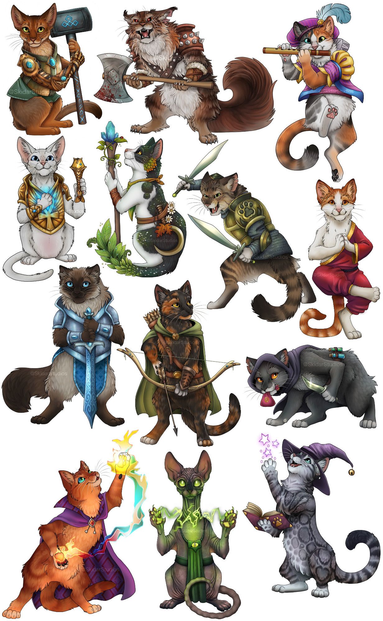 A sample page with all 13 dungeons and dragons classes as different breeds of domestic house cats.
Abyssinian artificer
Maine coon barbarian 
Calico Bard
Oriental Cleric
Black and White druid
Tabby fighter
Turkish Van monk
Himalayan paladin
Tortoiseshell ranger
Manx rogue
Ginger sorcerer 
Sphinx warlock
Bengal wizard