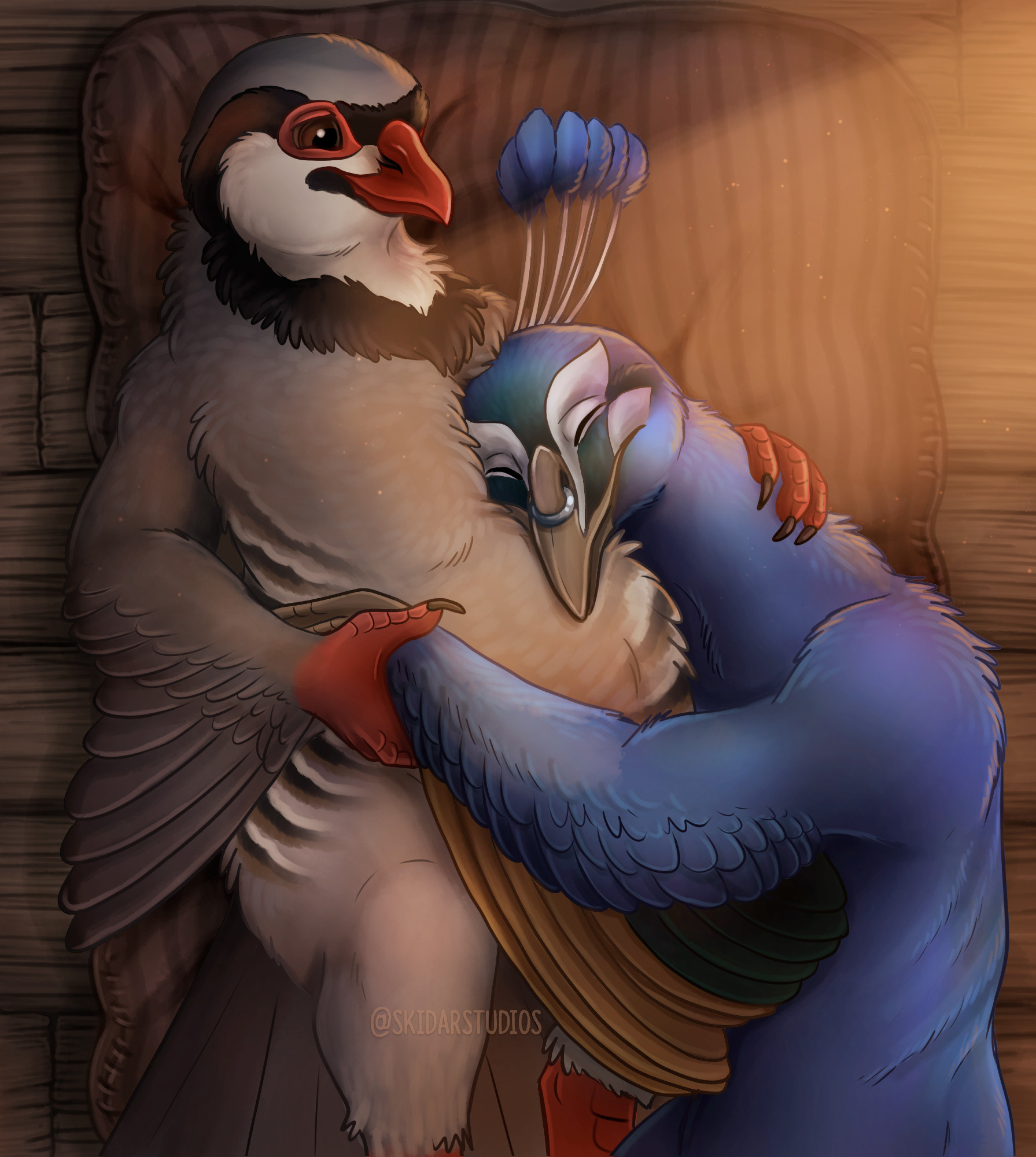 an anthro chukar and an anthro peacock cuddle together on a sparse straw mattress. Two young bards trying to scrape a living together