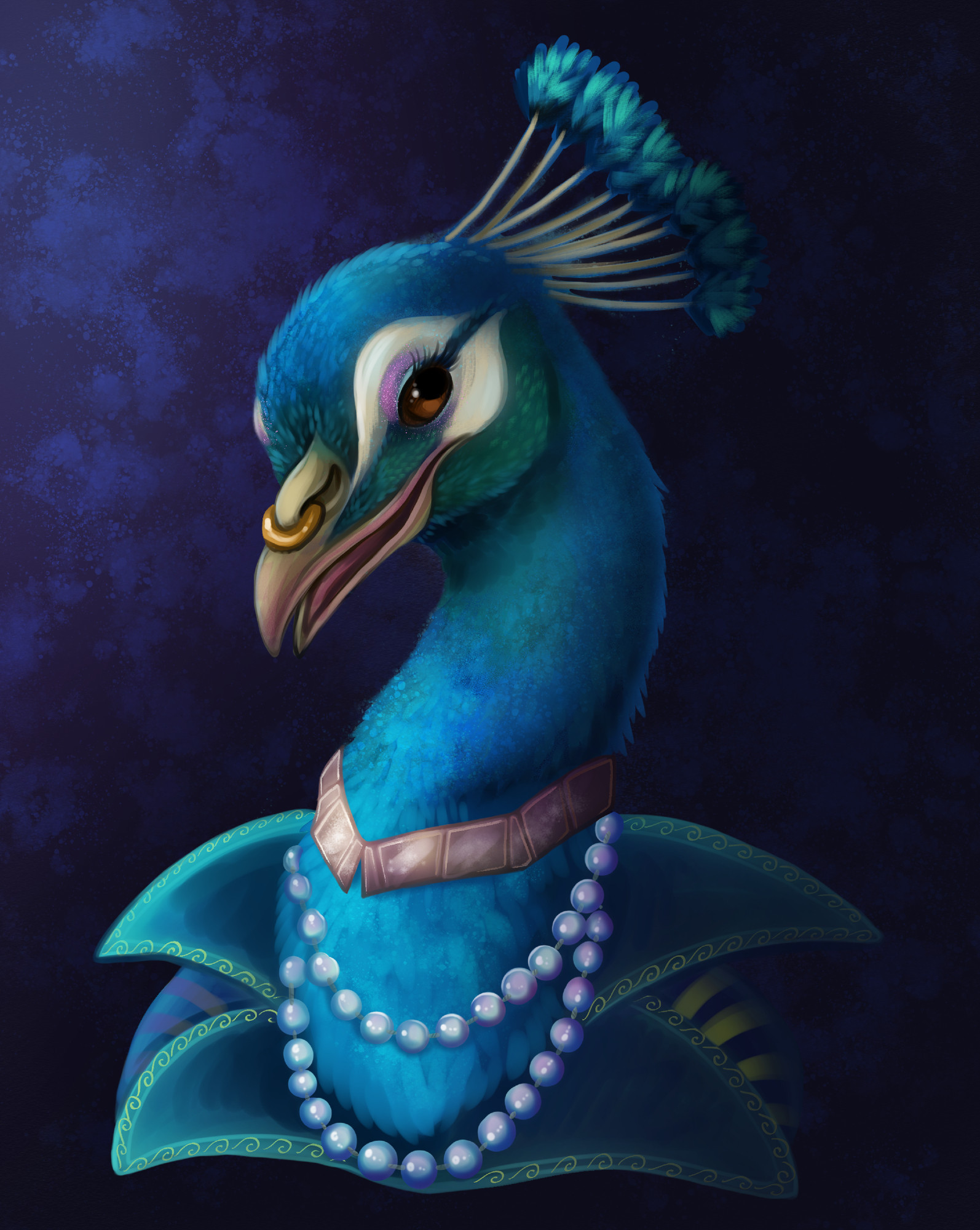 Bust of an anthro peacock with a gold nose ring, gold and pearl necklaces and fancy collar from his bard clothes