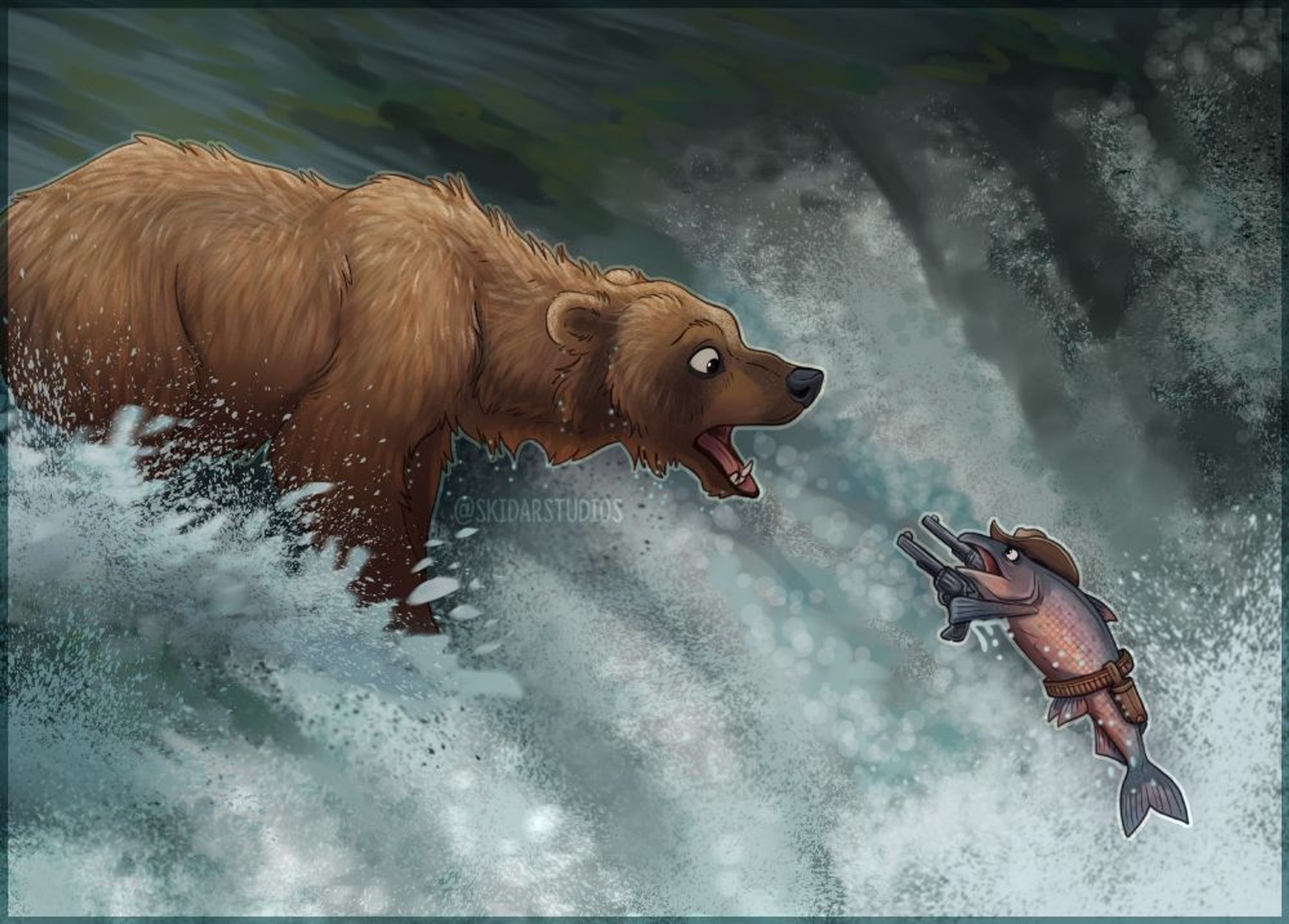 Cartoon of a grizzly bear fishing on the edge of a waterfall, a cartoon salmon dressed like a cowboy and wielding two pistols and leaping up towards the surprised bear