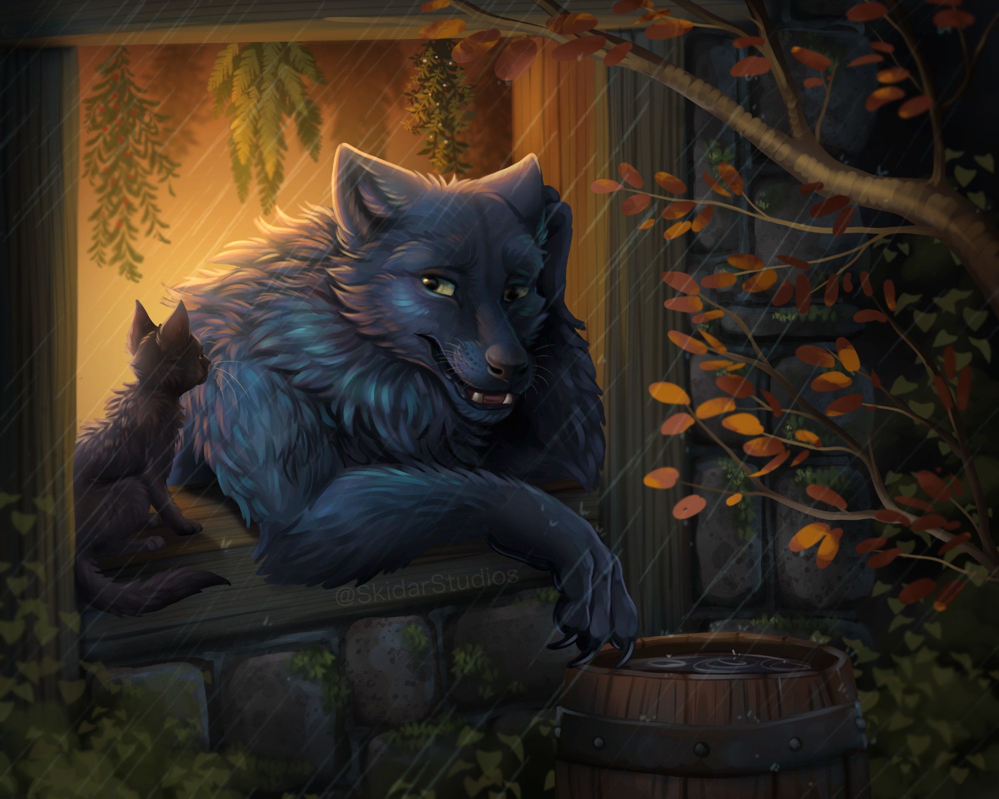 an iridescent black werewolf is leaning out of a stone cottage window and smiling at a black cat. Inside is bright with hanging herbs from the ceiling, outside its raining with fall leaves and a rippling rain filled barrel