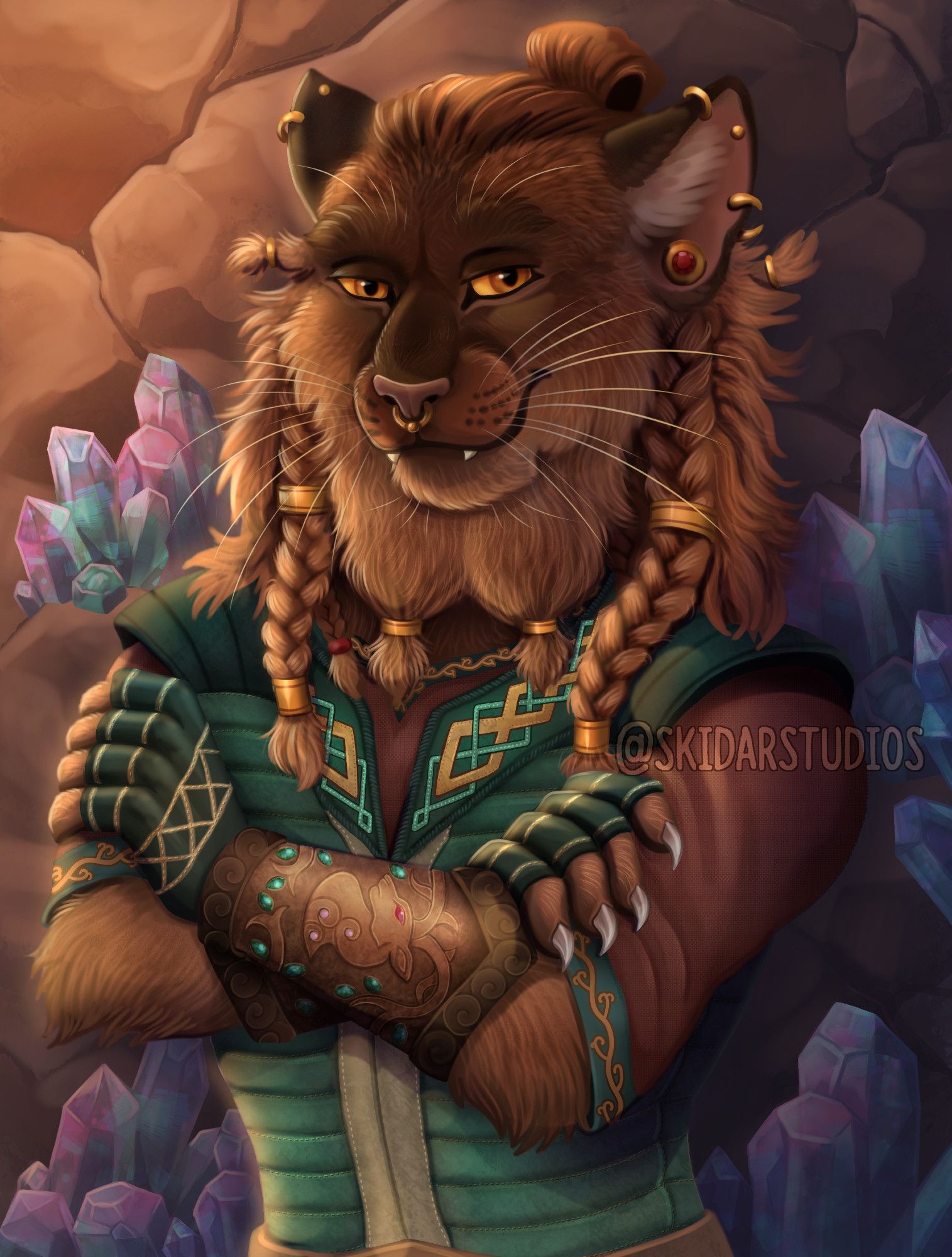 An anthro cat, Tabaxi, man half body digital painted lllustration. He's standing with his arms crossed and smiling softly at the viewer. He's a deep copper brown with many braids. He's wearing many earrings and a green vest with gold trim designs. He's standing against a rocky background with clusters of blue and pink colored crystals.