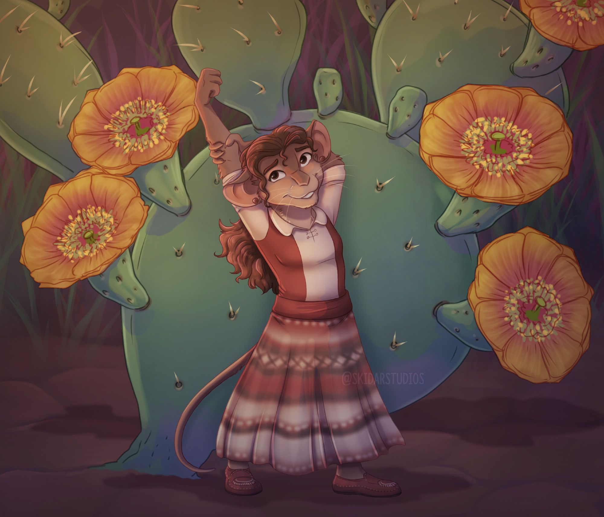 an anthro female mouse in a read and white skirt and blouse stretching in front of a prickly pear cactus covered in orange blossoms