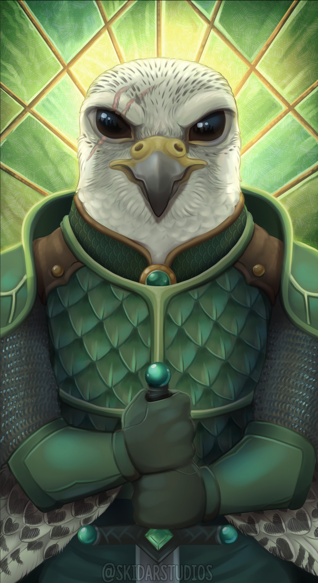 An anthro white morph gyr falcon with a scarred right brow wearing green dragon scale armor and standing with her sword point down before her in font of green stained glass.