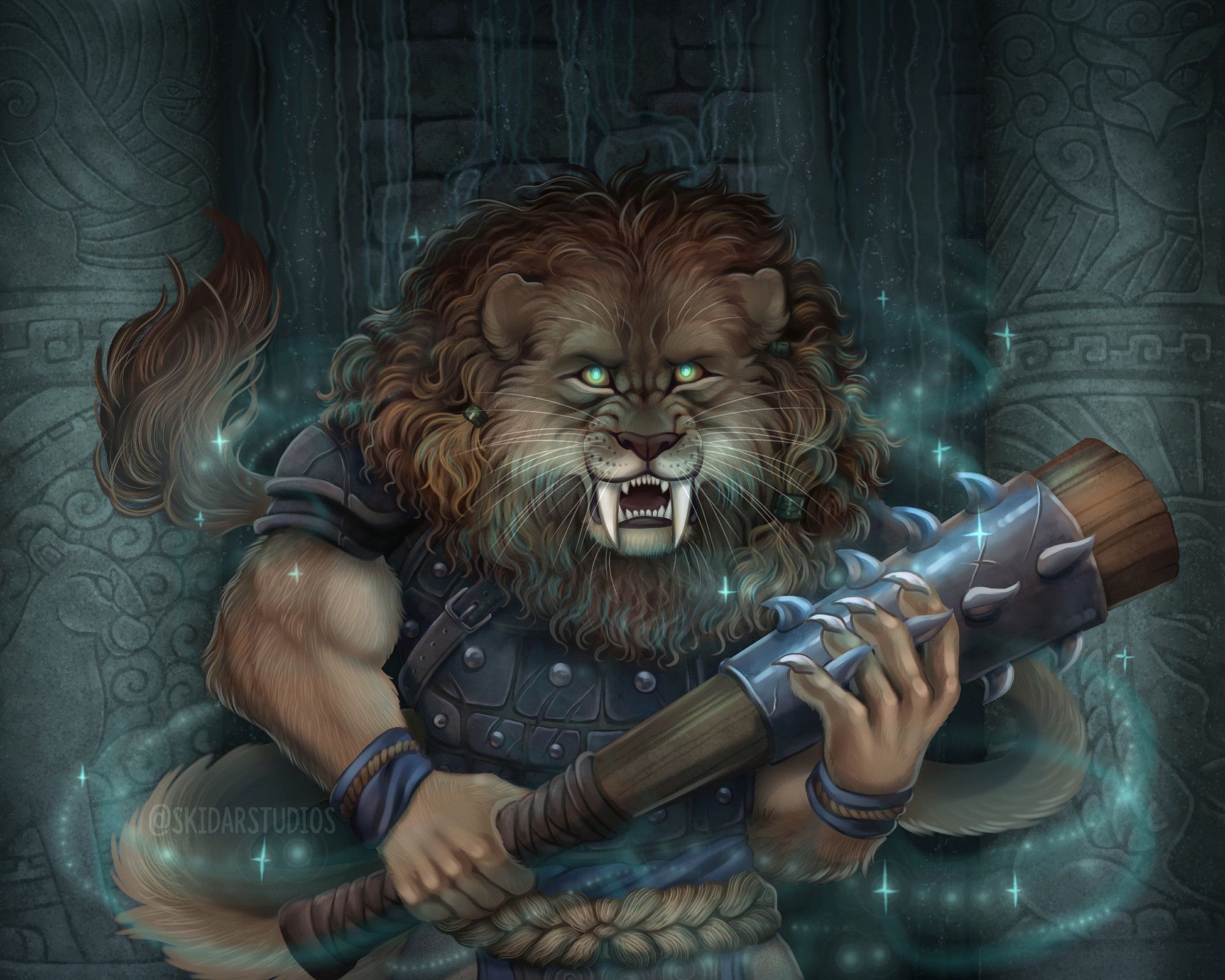 A snarling anthro lion man with oversized fangs, wearing black studded leather armor and carrying a huge spiked mace standing with swirls of magic around him. Behind him are two pillars carved with the symbols of the spirits that are inside him, chimera, sphinx, griffin. Behind that water runs down the wall int he background.