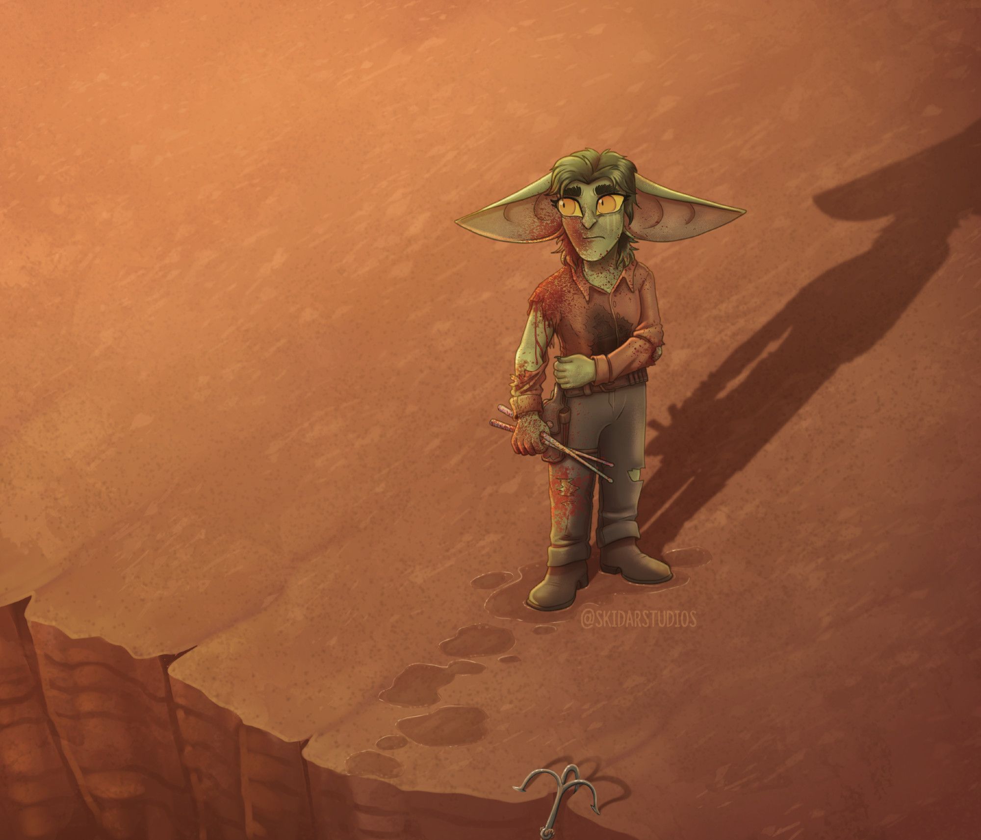 A battered and blood spattered goblin in western wear holding a pair of paint spattered drumsticks and clutching her side. She
she's standing atop of cliff, a grappling hook trails of the edge.