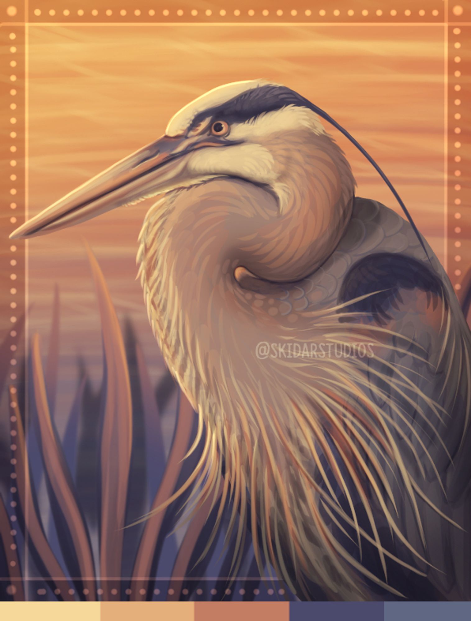 digital art of a great blue heron in a dusky gold and pale blue limited palette