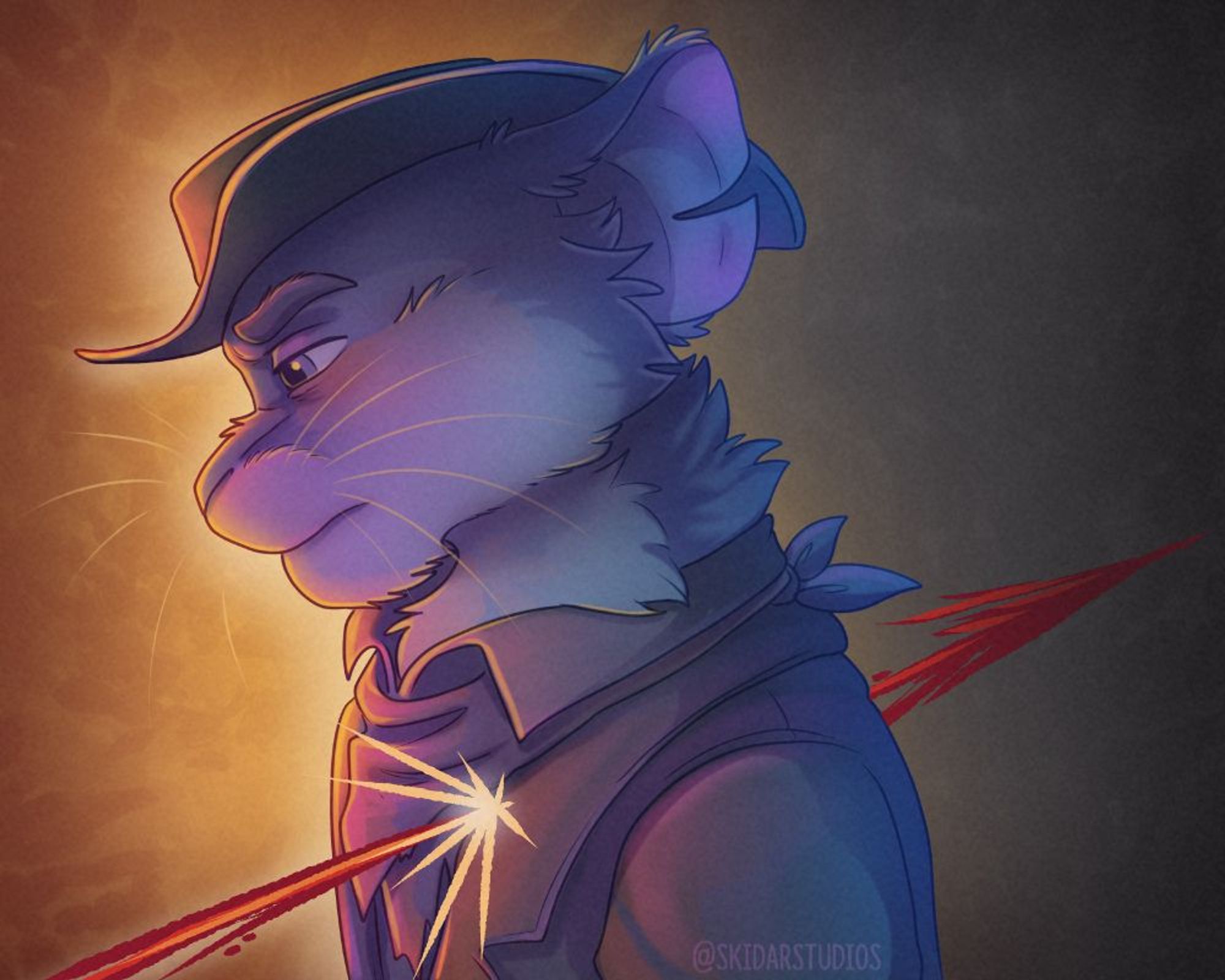 A bust of a depressed looking anthro mouse in cowboy attire. He's in bi flag colors  with a shot going through his heart in bright graphic colors. The background fades from gold to grayscale.