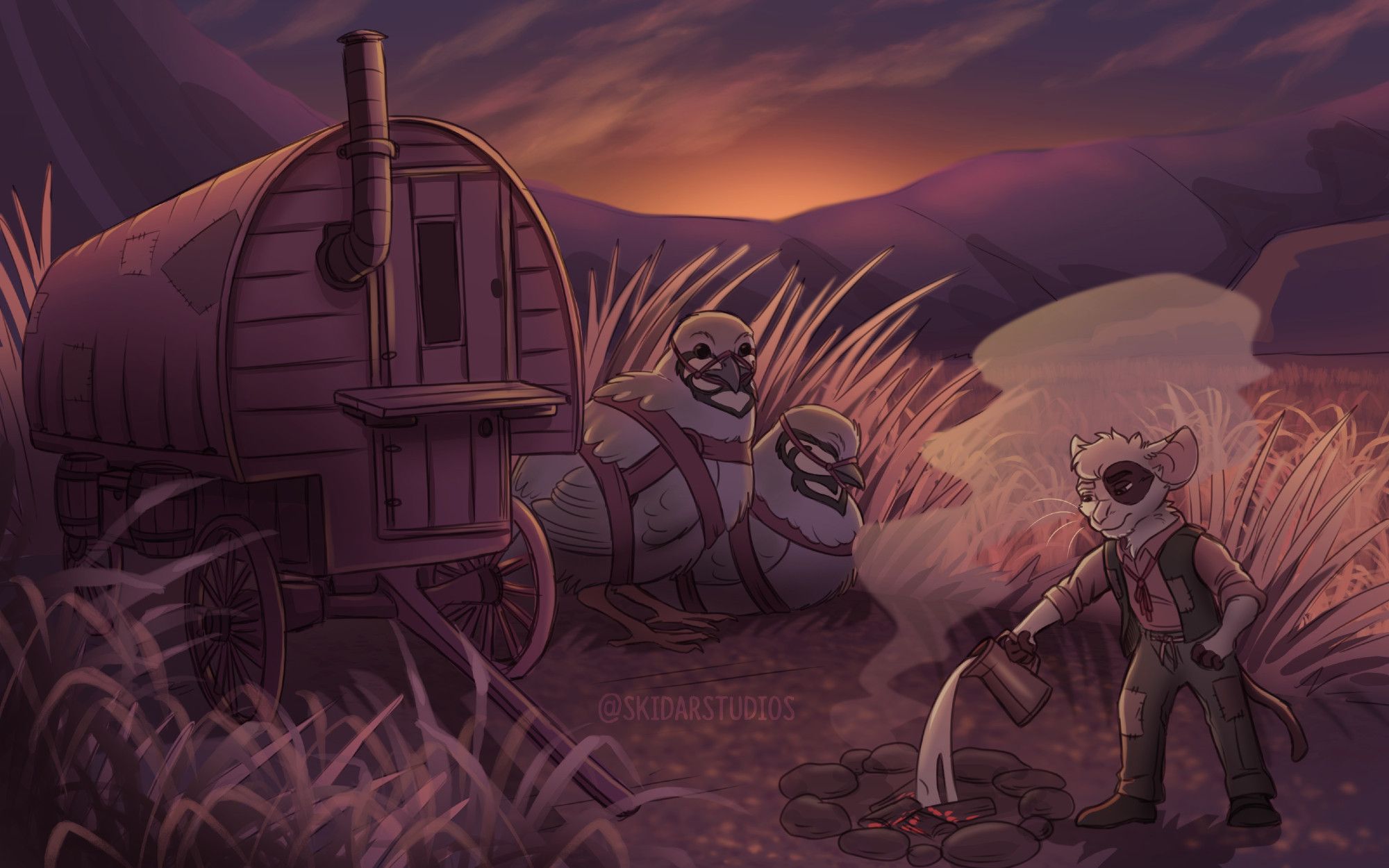 An anthro mouse douses a campfire in front of a Basque-style wagon and two king quail in harnesses. There is a morning sunrise over the hills behind them.