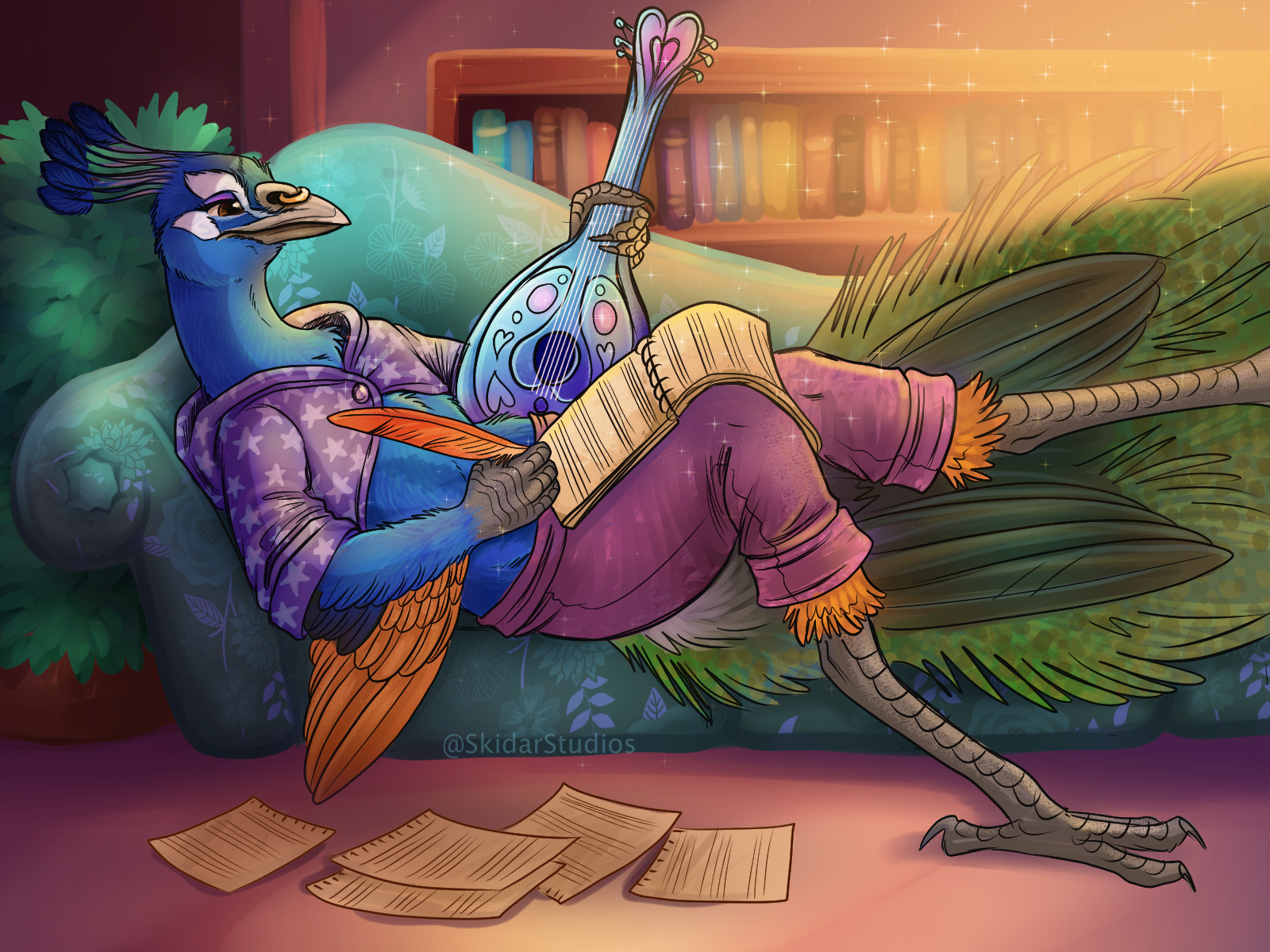 an anthro peacock bard lounging on a couch holding a lut in one hand and writing lyrics in a notepad with the other, pages are on the floor.