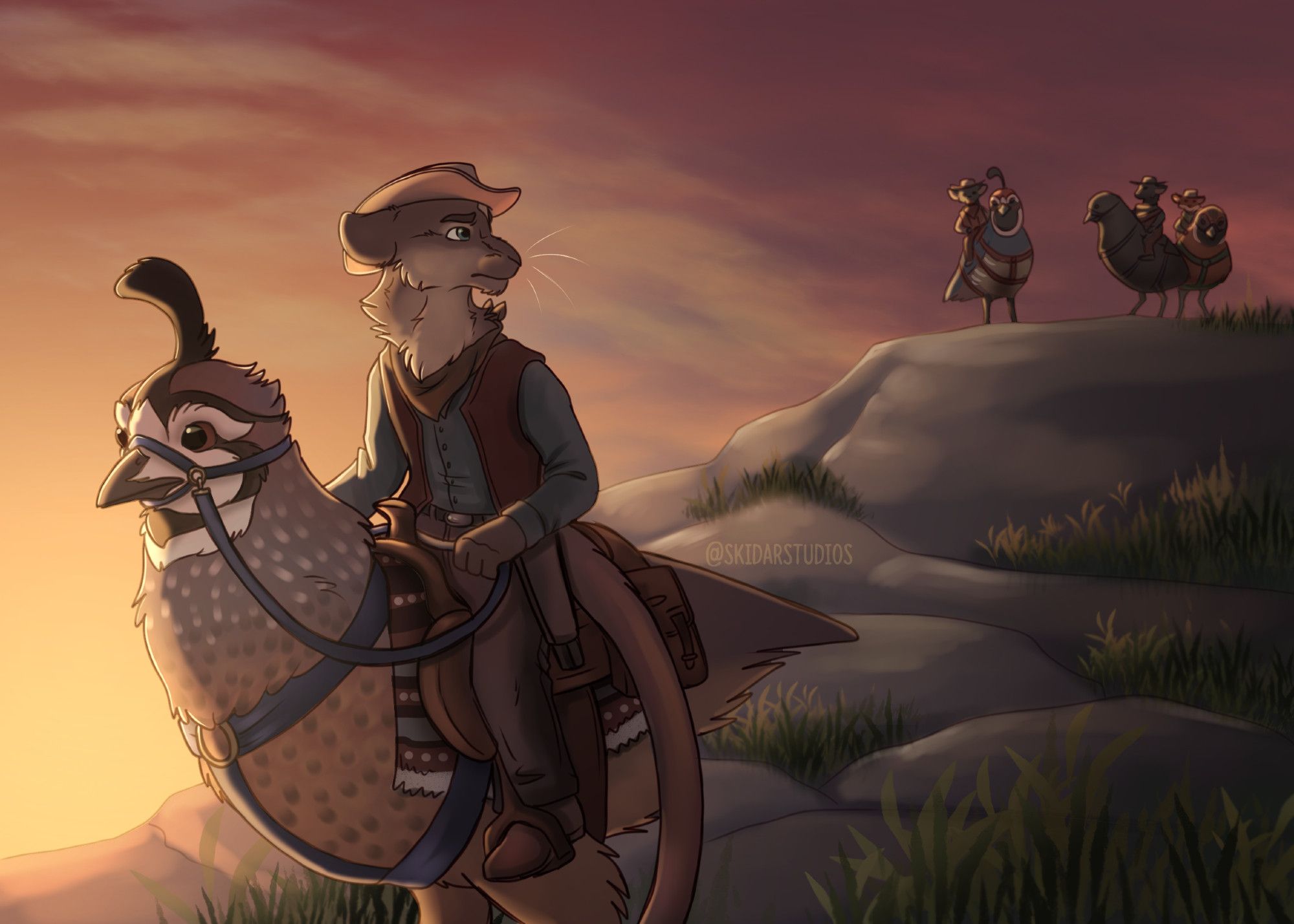 an anthro rat in cowboy gear riding a hybrid quail away from three mice also on quailback in the distance