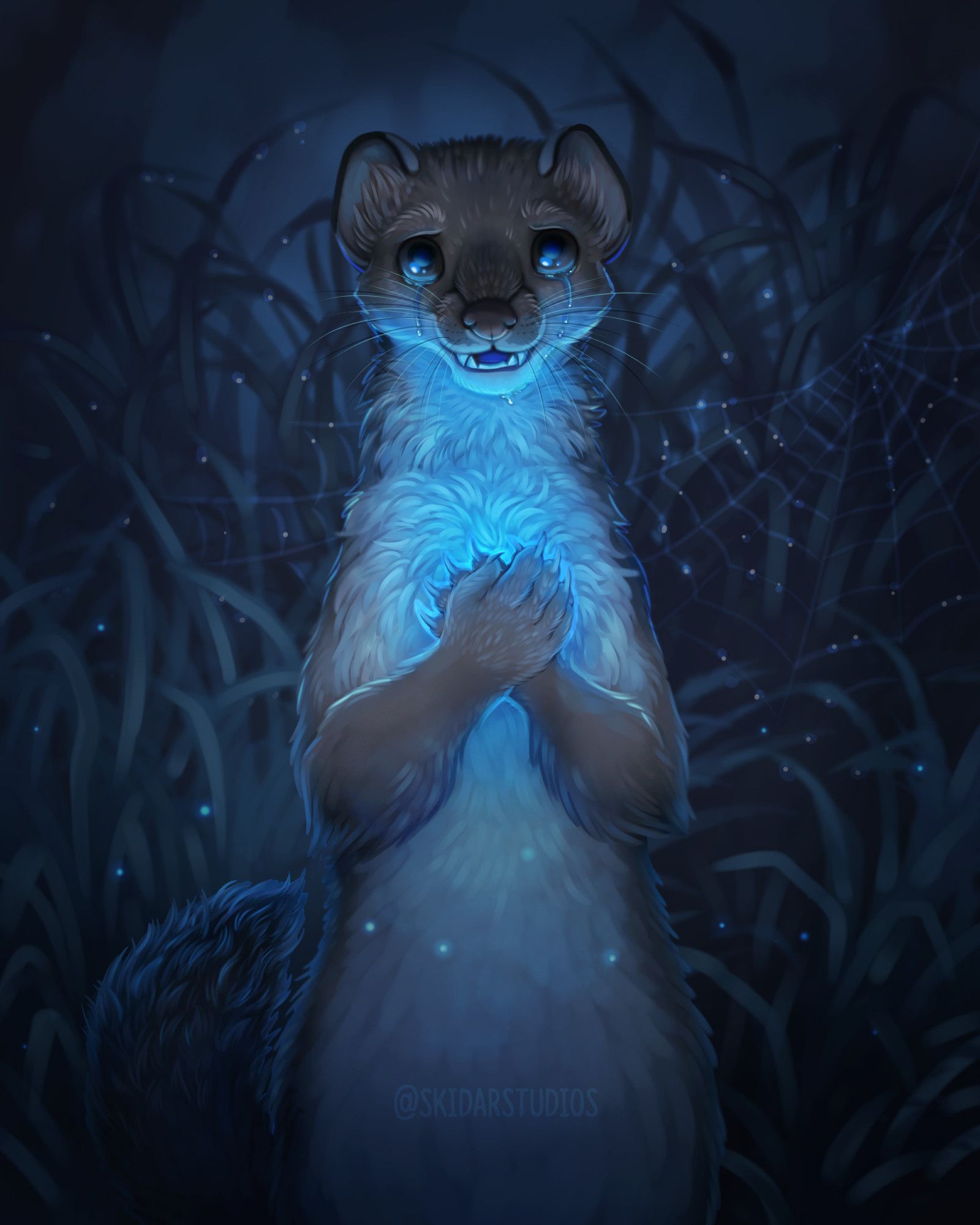 Tula the stoat from dimension 20s burrows end glowing blue with her paws over her chest