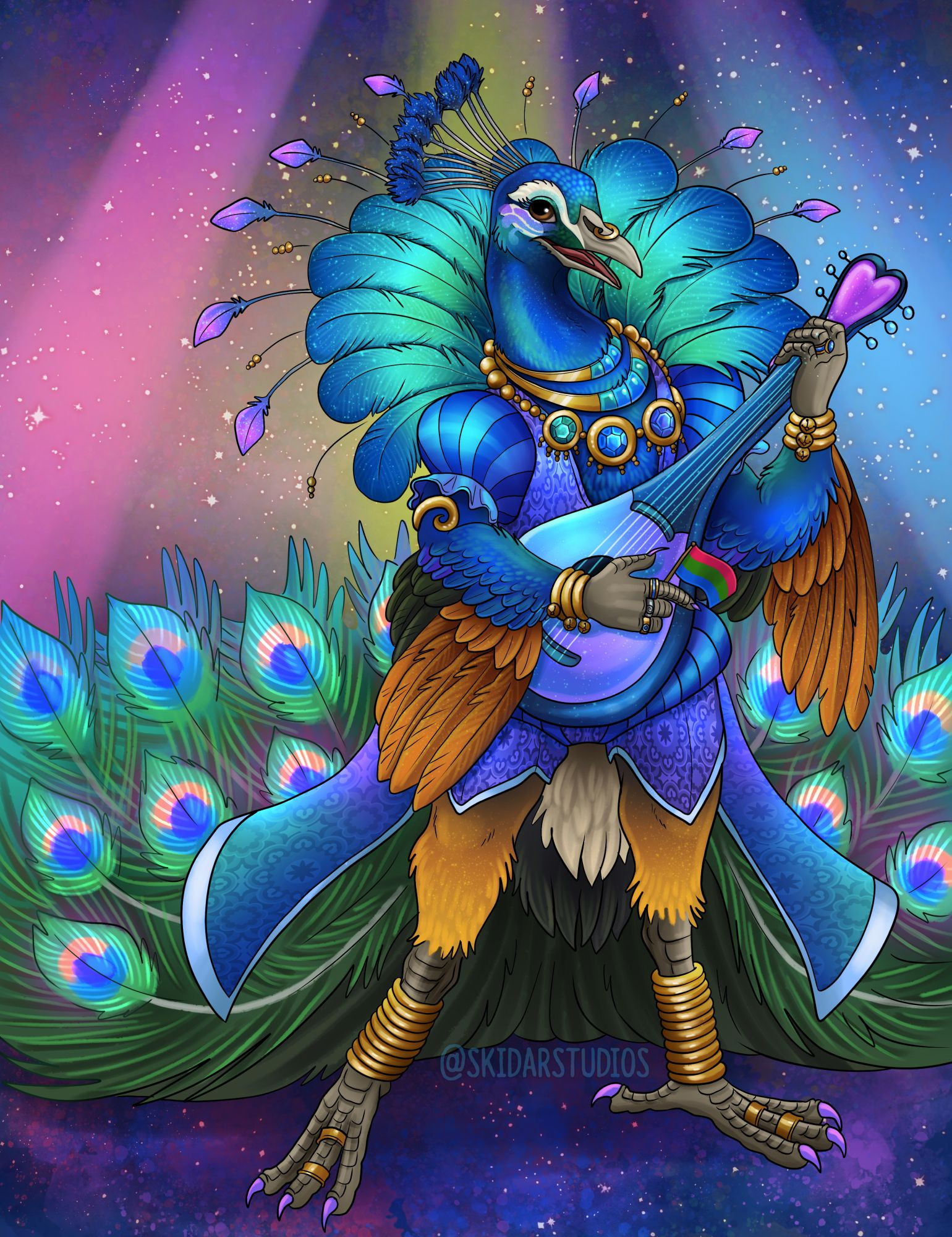 a peacock bard dressed in outlandish bard clothes: puffy sleeves, high feather collar, bangles, gem necklaces and lots of eye makeup. He's strumming a purple loot and holding the poly flag