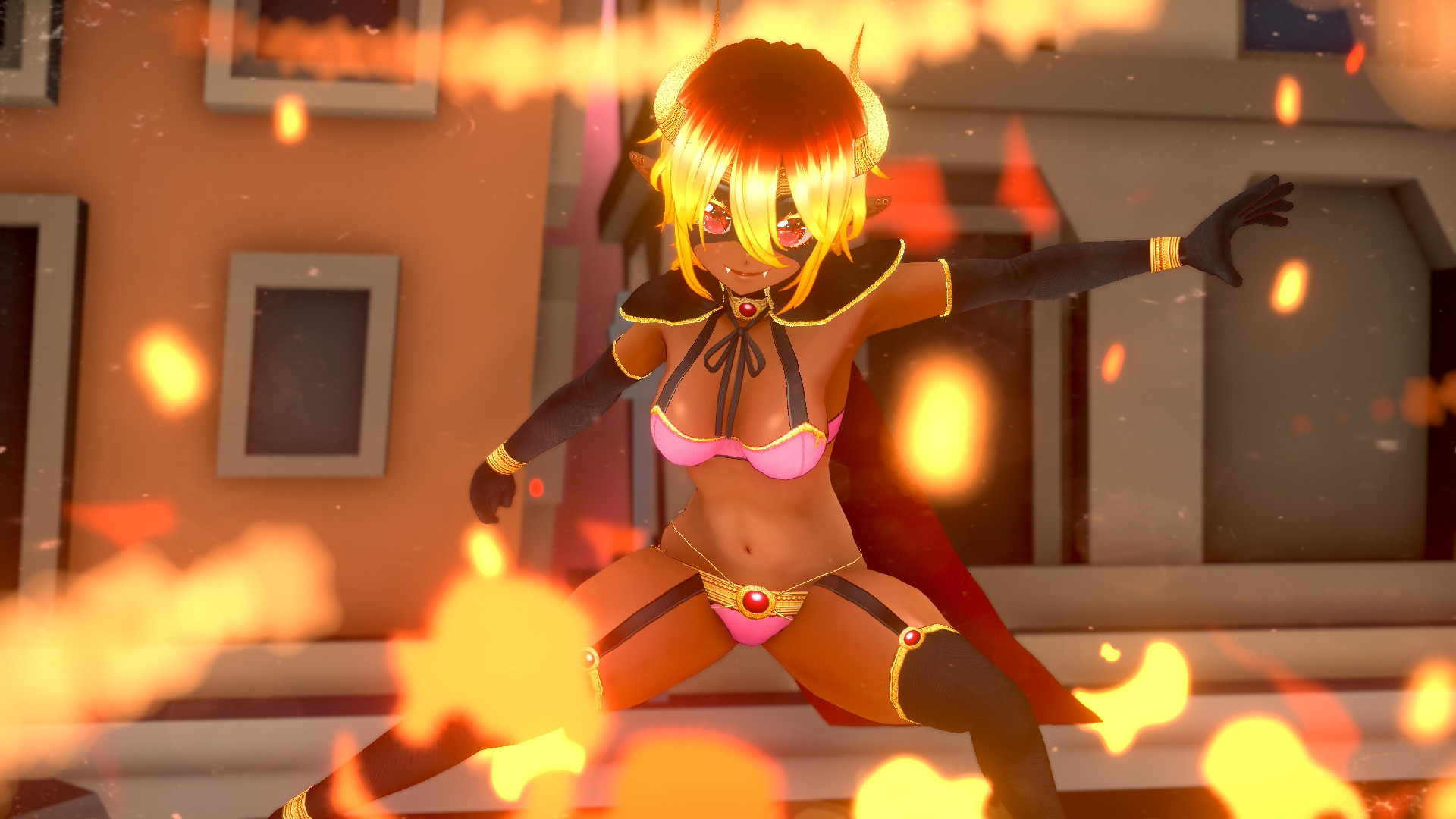Vtuber superhero rakshasi SupaMika surrounded by fire
