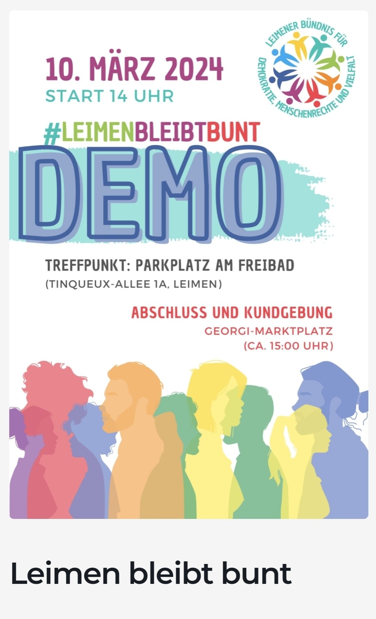 Plakat zur Demo in Leimen am 10.03. Start um 14 Uhr am Freibad, Kundgebung um 15 Uhr auf dem Georgi-Marktplatz