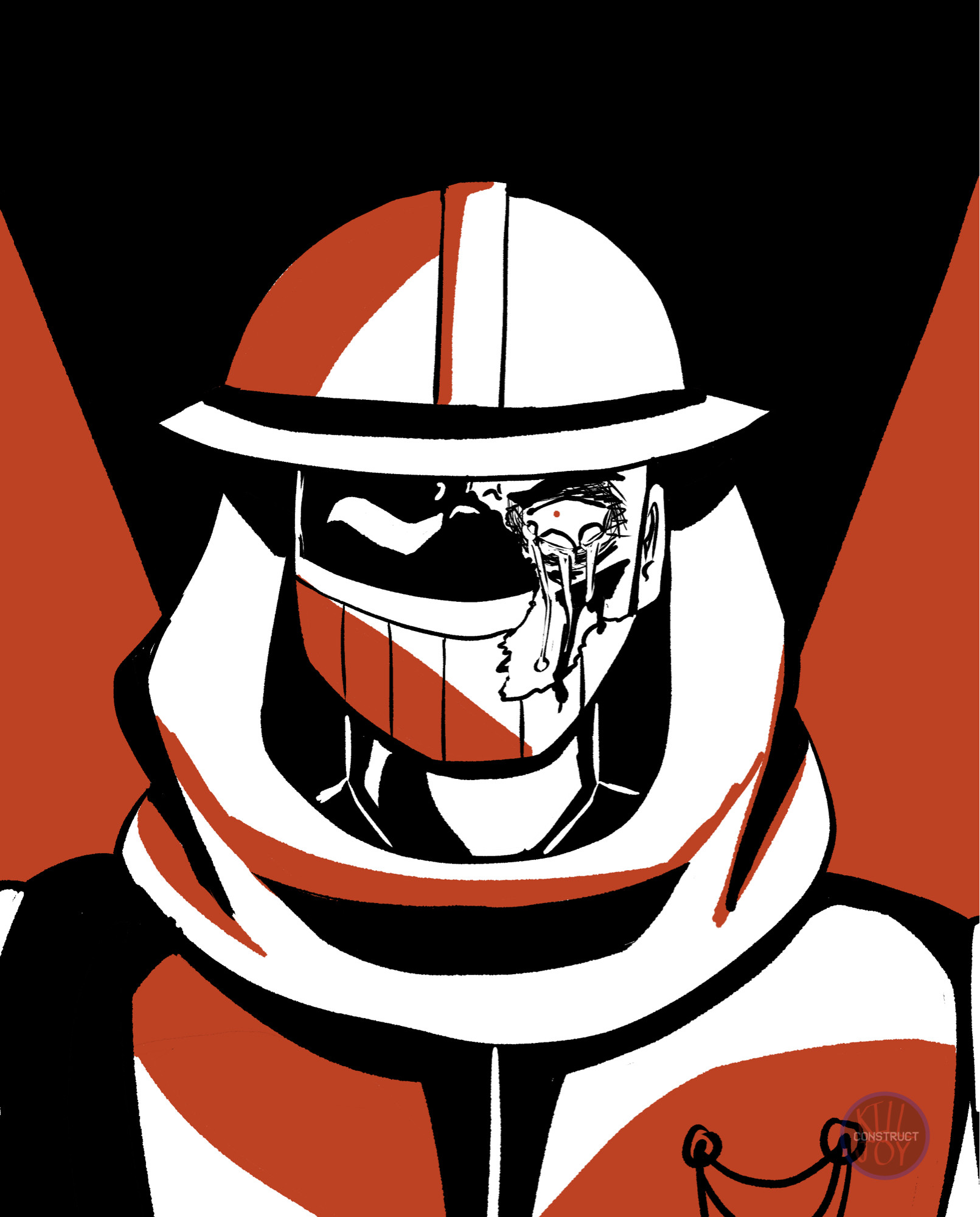 A portrait of Fathi done entirely in red, black, and white. It is staring down the camera with burning, tearful eyes, only one of which is visible, as the other is hidden behind what remains of its helmet/face shield.