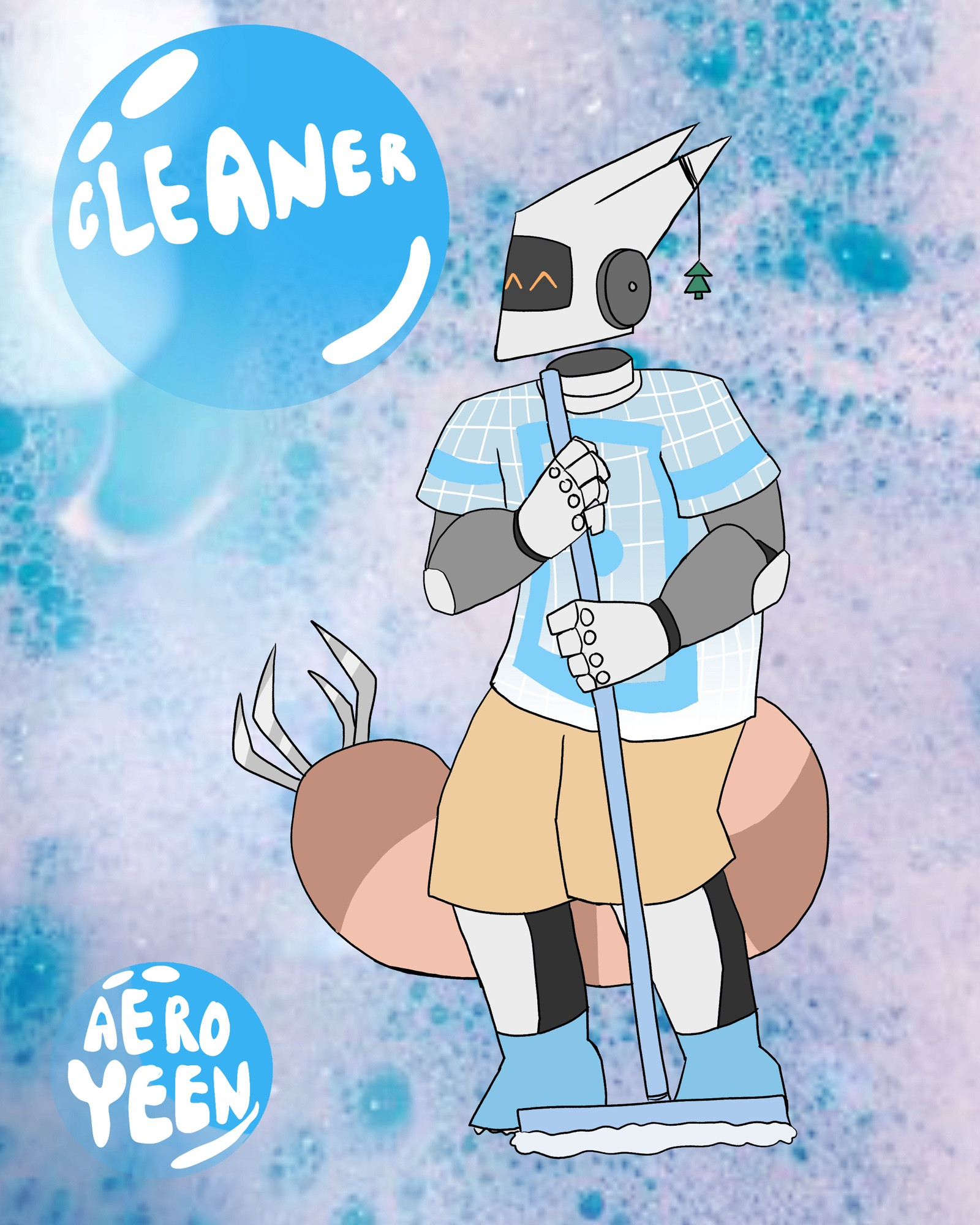 A drawing of a robot with a pointy snout and long, pointy “ears”. They’re holding a mop, and their eyes make it look like they’re smiling. They have a long, raccoon like tail with grabbers on the end of it. They’re wearing foot scrubs, and next to them is a bubble with their name in it, which reads “Cleaner”.