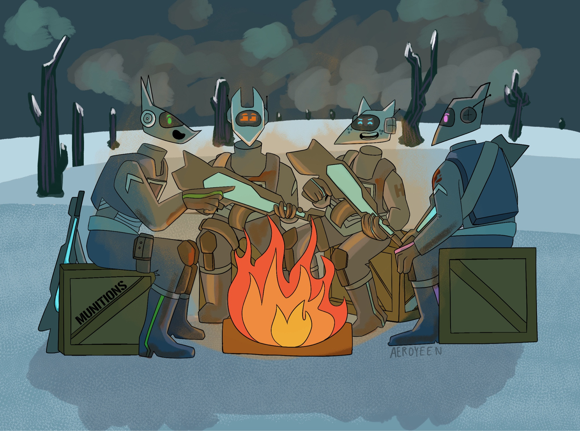 A group of four robot soldiers sitting around a fireplace on boxes labeled “munitions”. Although their armor is covered in blood and dirt, they’re laughing and talking with each other. They are in a destroyed forested winter landscape at night.