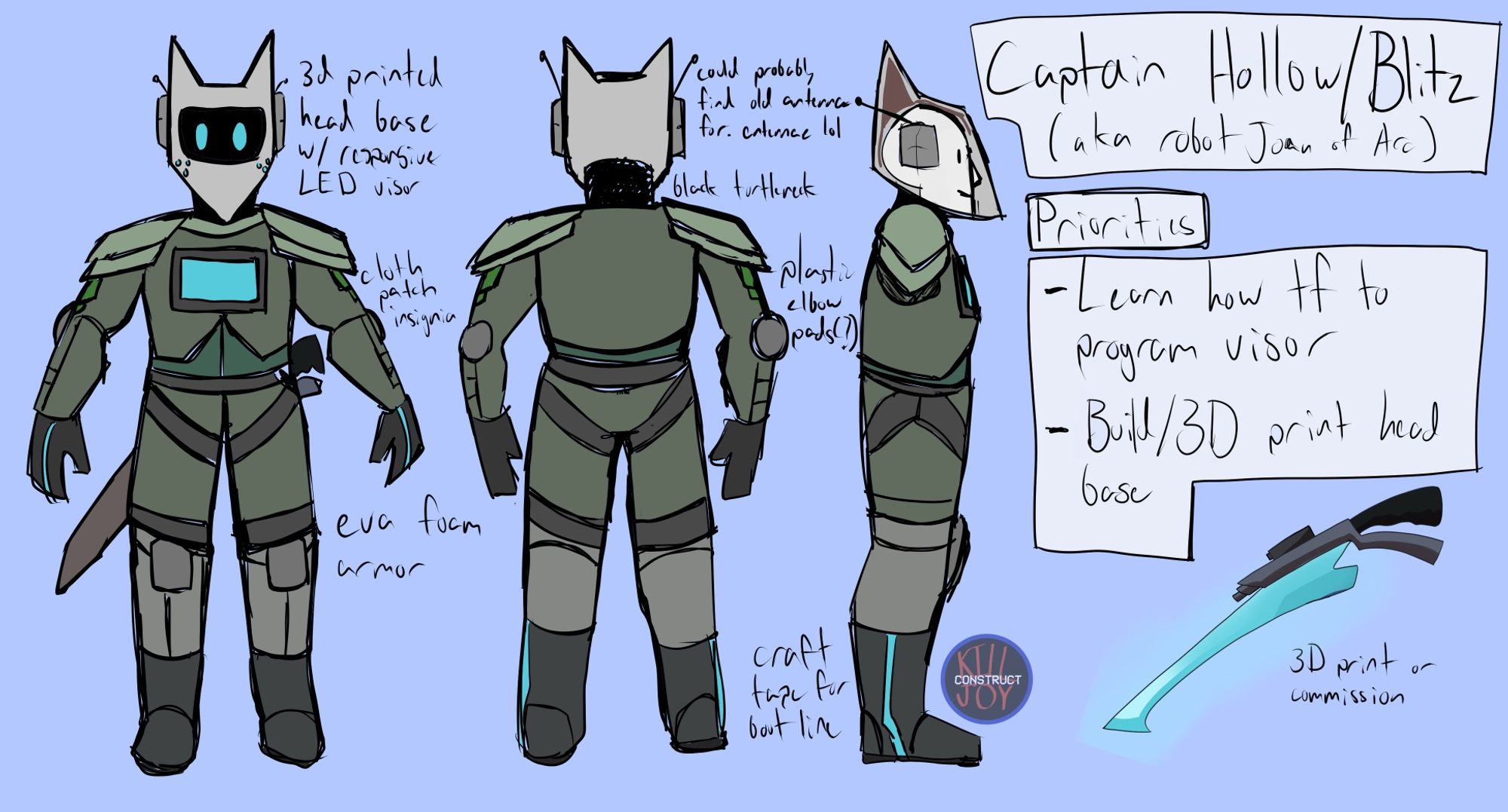 A cosplan for Holly from the webcomic “Take Your Medicine”. They’re dressed in green science fiction military armor, and have a bright blue gun sword.