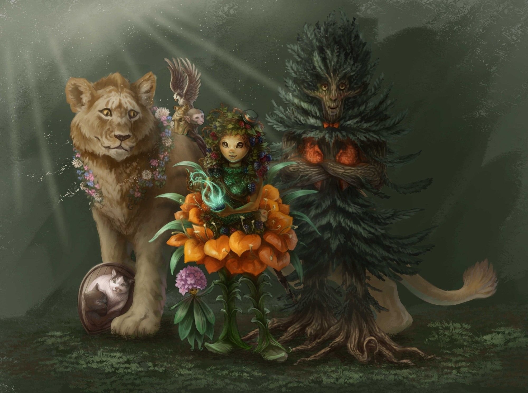 Rubus the leshy druid looks pleased standing among some of her various companions. Her green leaves contrast with the oranges of her flower petal skirt and the red berries tangled in her hair. Behind her stand a large lion and sentient tree creature, and by her legs stands a small rhododendron creature. Also visible is a shield with two cats on it - one gray, and one white with black spots.