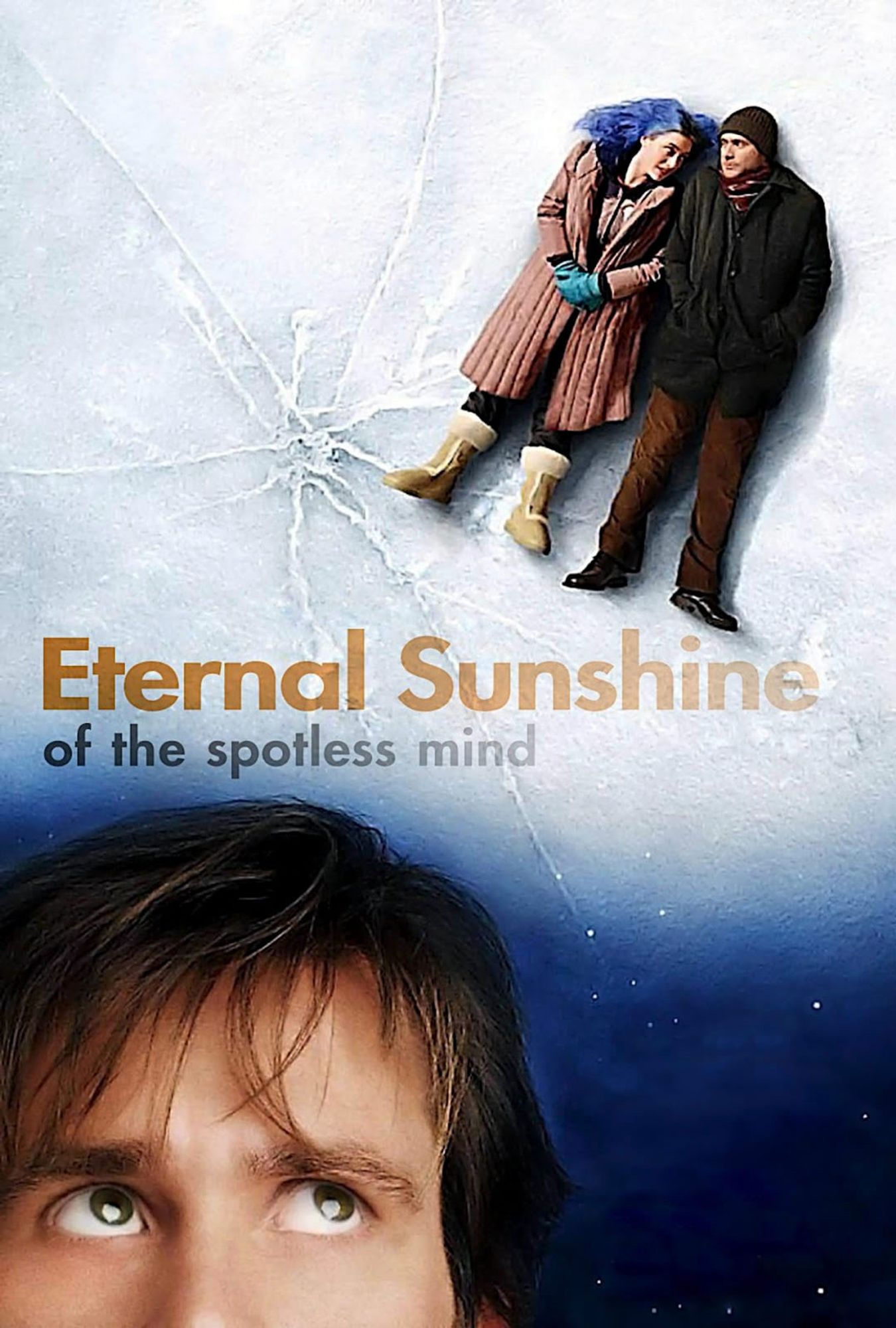 A movie poster for "Eternal Sunshine of the Spotless Mind" which features Jim Carrey and Kate WInslet. On the bottom left of the poster, Jim Carrey looks up and to the right, as if in thought. The background is a top-down shot of him and Kate Winslet laying near a big crack on a sheet of ice, looking at each other. The juxtaposition of images makes it look like the two figures are a thought bubble coming out of the big Jim Carrey's head.