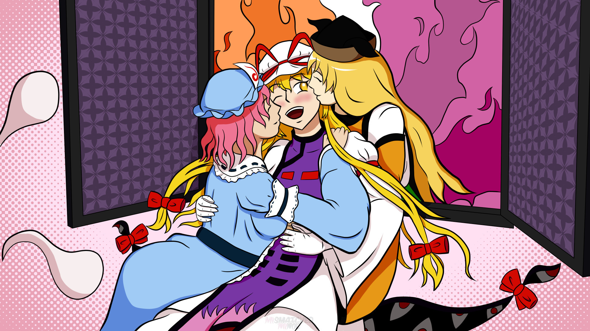 Touhou characters, Yuyuko and Okina, kissing Yukari from either side.