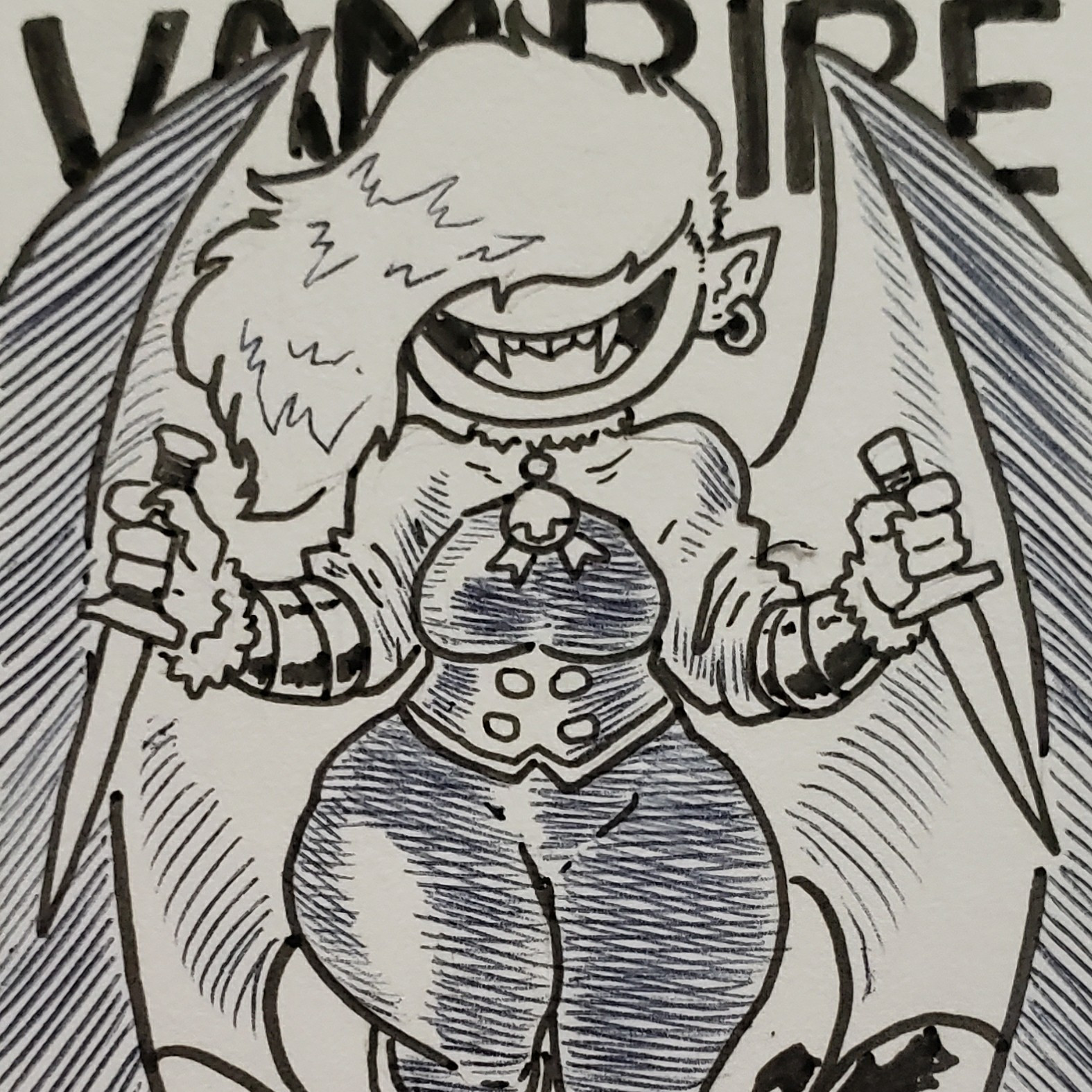 A female vampire with two knives and giant bat wings.