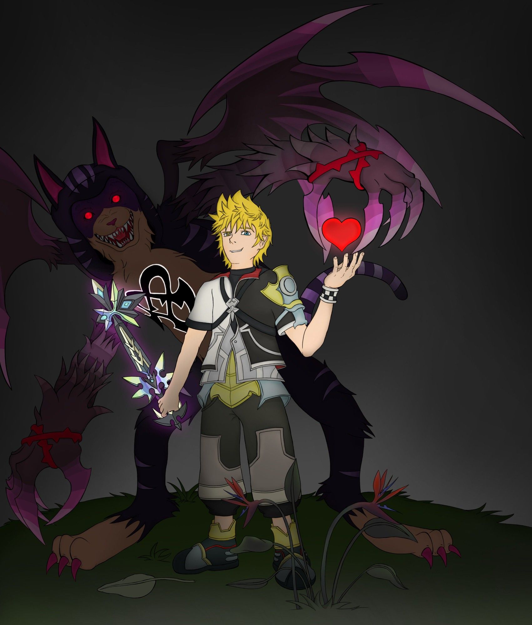 Ventus, a character from the Kingdom Hearts game franchise, is shown standing in front of a dark creature, both of them holding a heart in their hands.