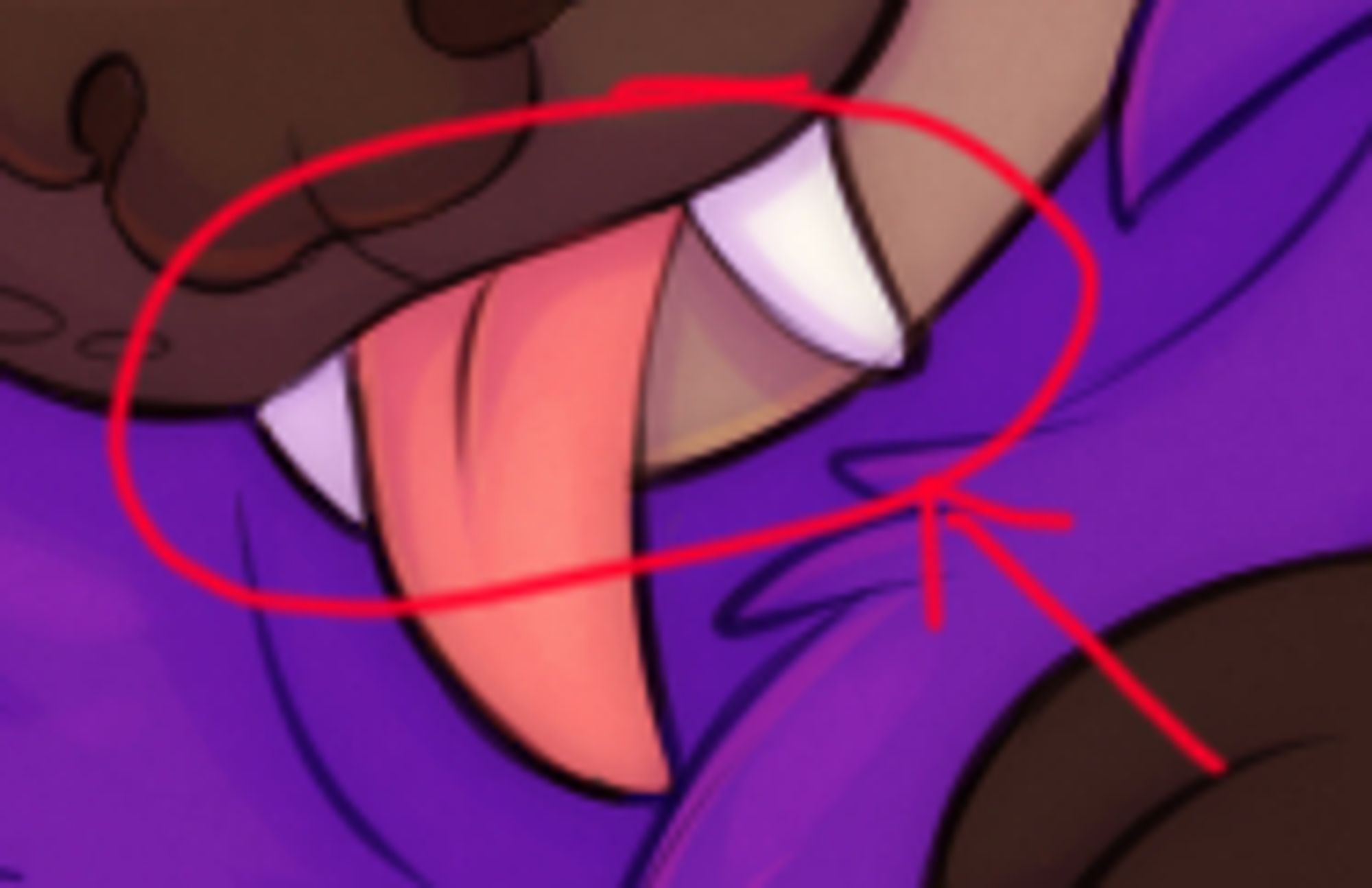 Crop of art of Cider Bat by applepup and cinnamonserval, with a red circle showing the fangs sticking out of the closed mouth