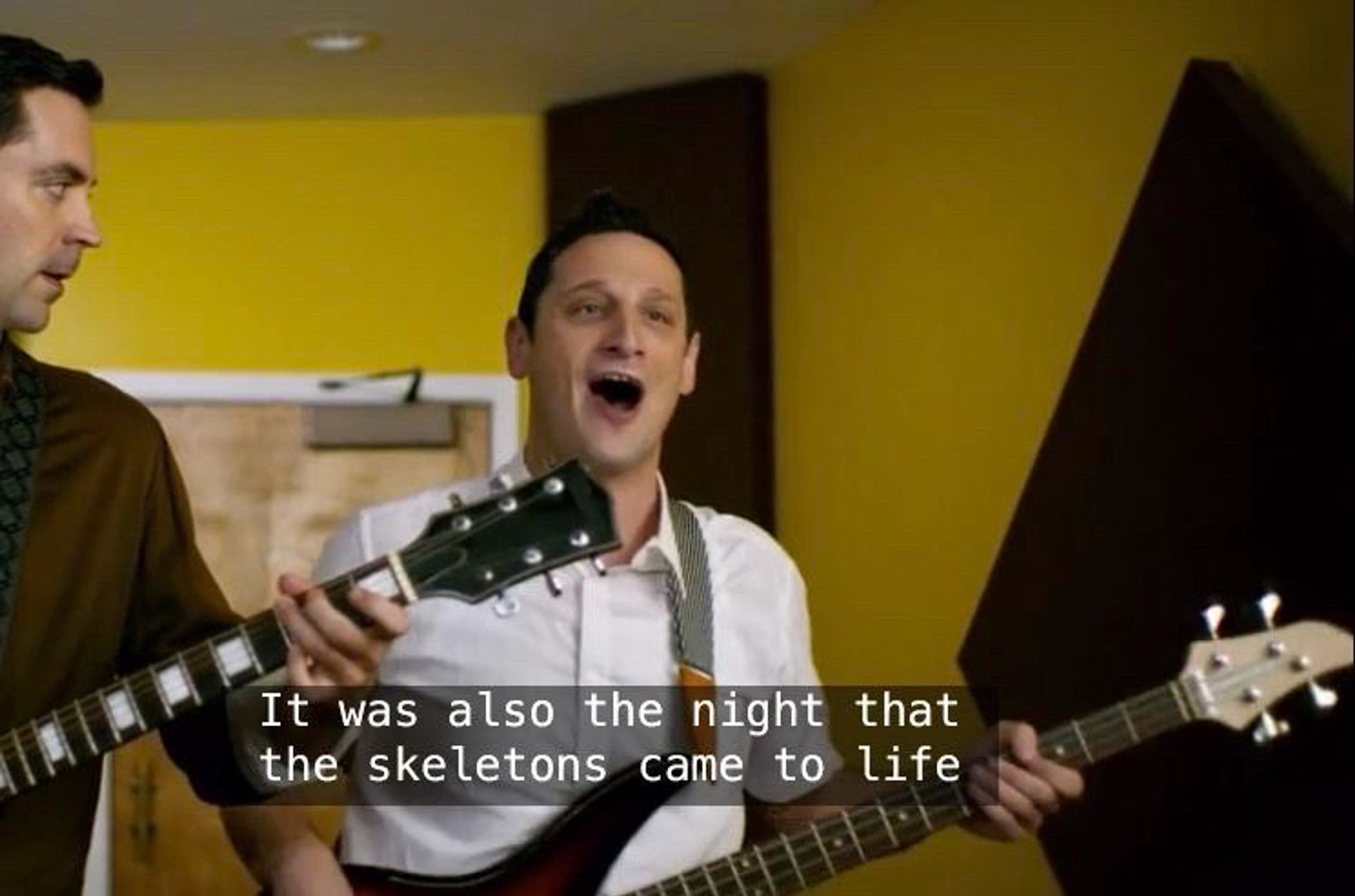 Tim Robinson jumping in and singing “it was also the night that the skeletons came to life”