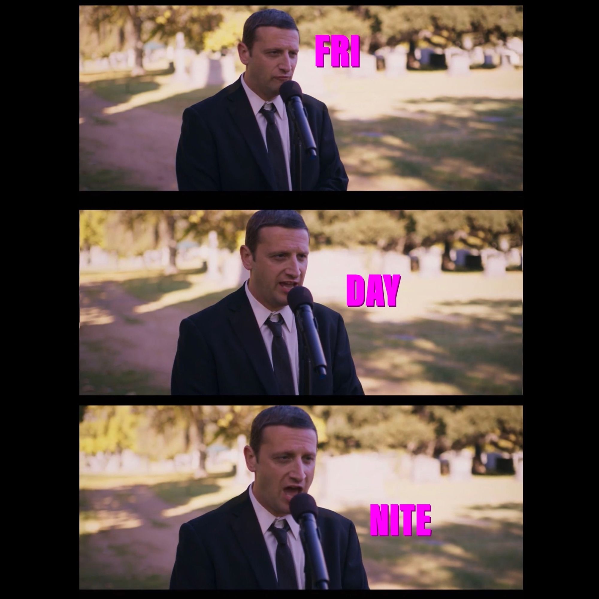 Three frames of Tim Robinson singing “Fri Day Nite” while wearing a suit and standing in front of a microphone in a cemetery.