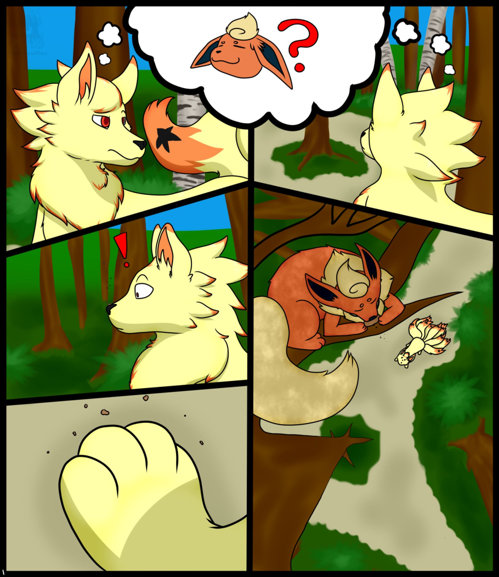 Om is looking for Levin while Levin nibbles a cookie in a tree