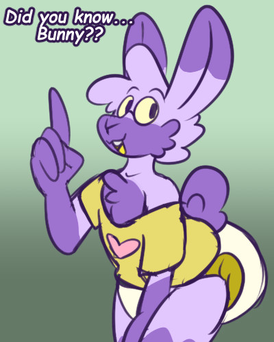 A purple rabbit boy with yellow clothing and a big poofy diaper excitedly looking at the viewer through his yellow glasses (which are also his eyes) saying "Did you know... Bunny??" in comic sans