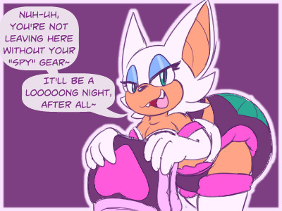 Rouge the Bat from Sonic the Hedgehog smugly staring at the viewer while wearing a diaper emblazoned with an emerald on the back, holding one with a heart on it as she says "Nuh-uh, You're not leaving here without your "spy" gear~" "It'll be a LOOOONG night, after all~"