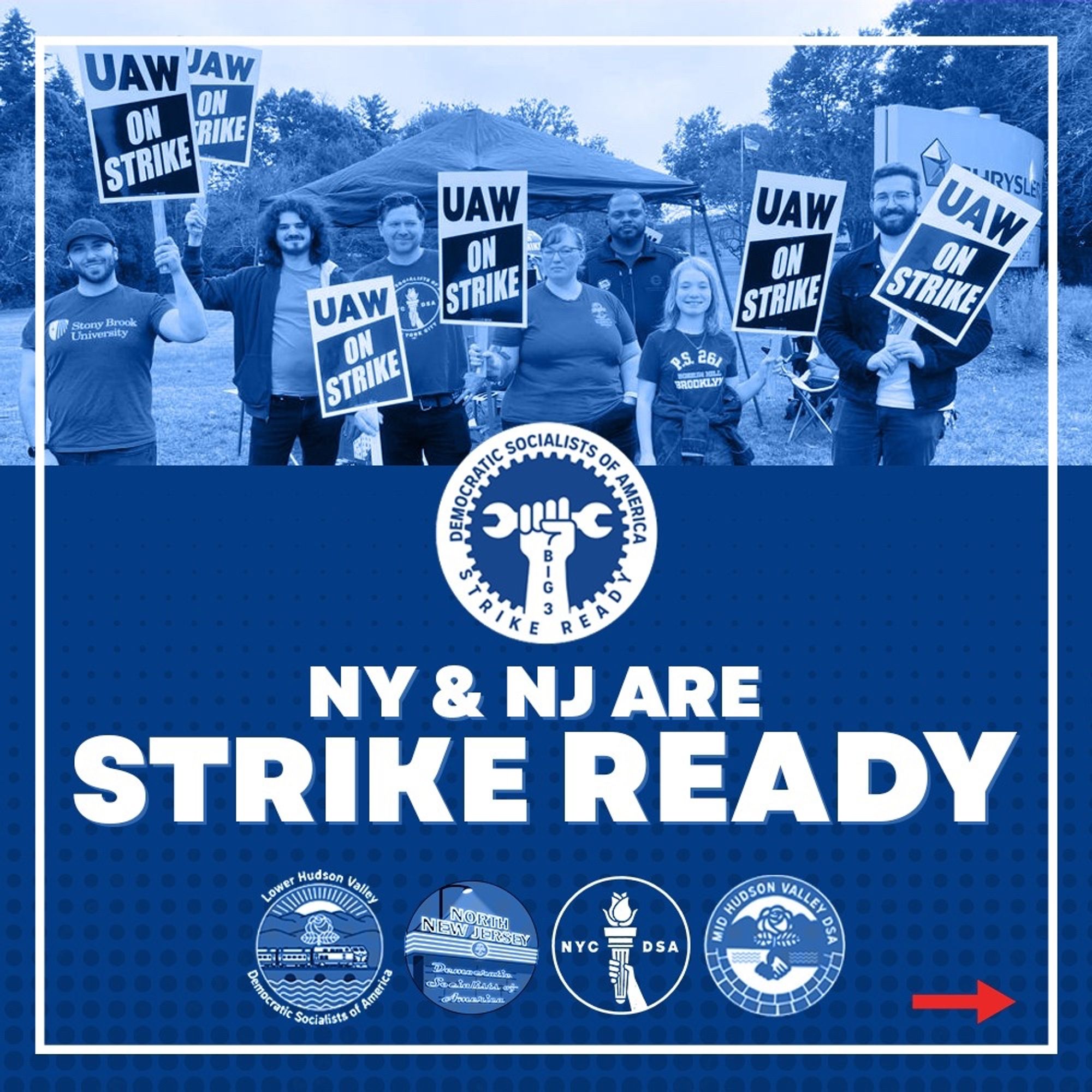 NY and NJ ARE STRIKE READY (with logos of Lower Hudson DSA, North NJ DSA, NYC-DSA, and Mid Hudson Valley DSA)