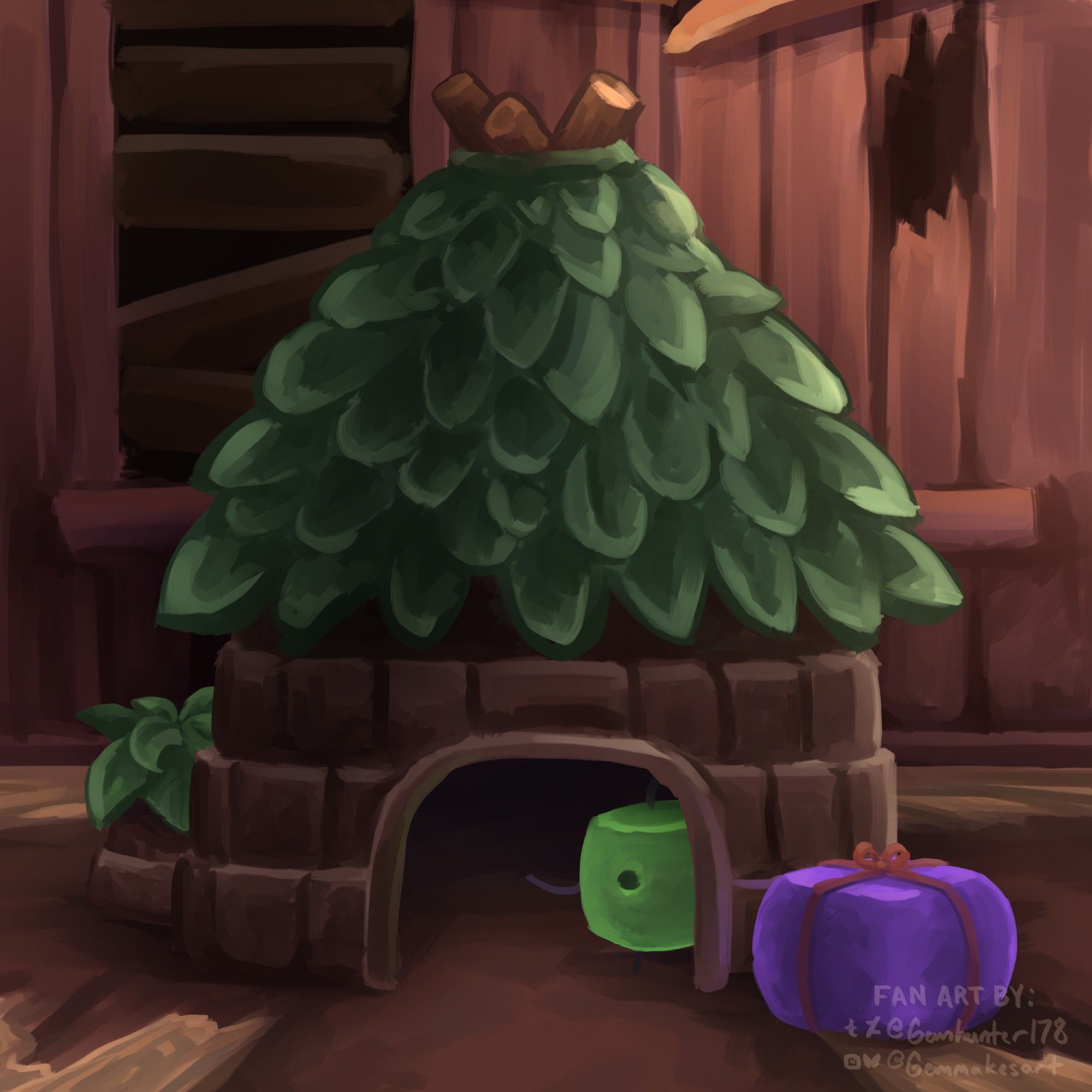 Digital fan art of a Junimo Hut from Stardew Valley. The hut looks like a small mud brick round house with leaves placed in a conical fashion as the roof. This one is in a run down building (the community centre) In it is a Junimo (this one looks like a green apple)